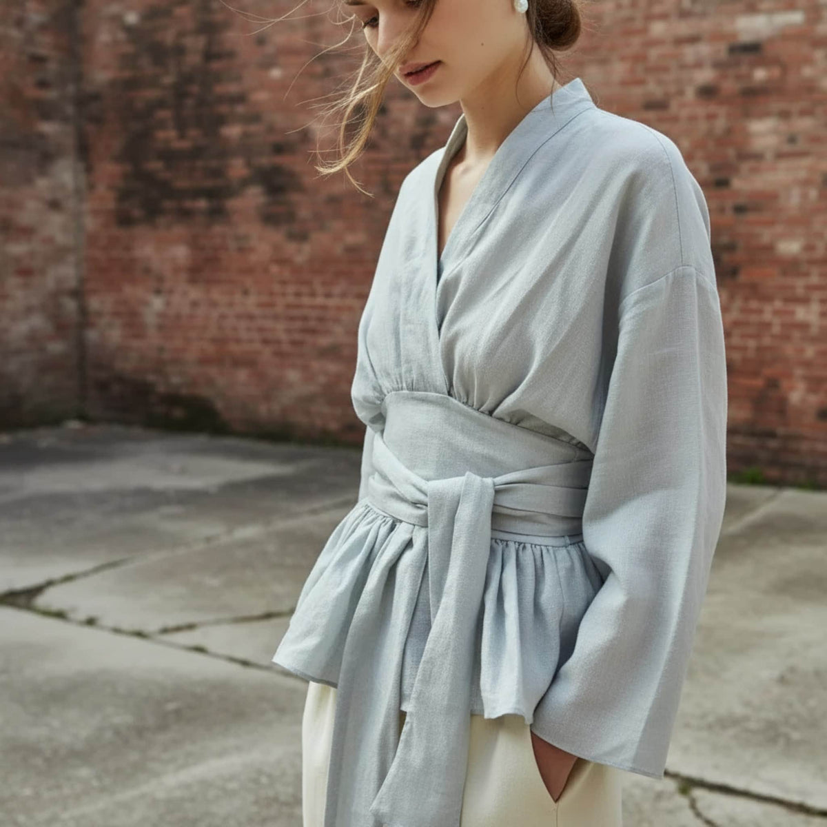 Long Sleeve Linen Wrap Top, V Neck Peplum Blouse