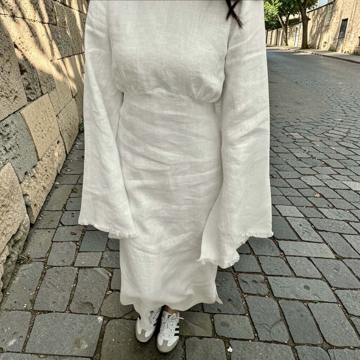 Long Sleeve Maxi Dress, Round Neck Linen Long Dress