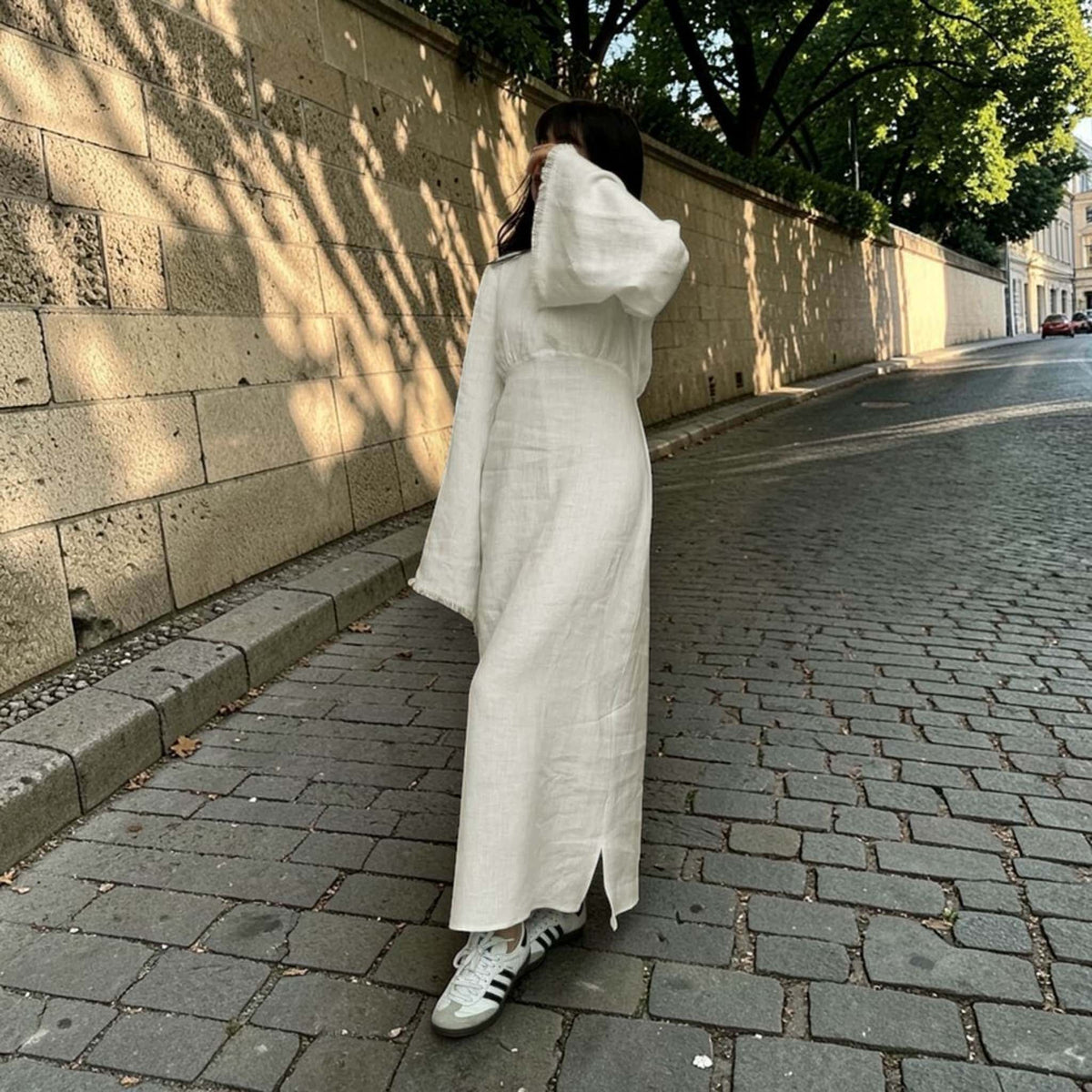 Long Sleeve Maxi Dress, Round Neck Linen Long Dress
