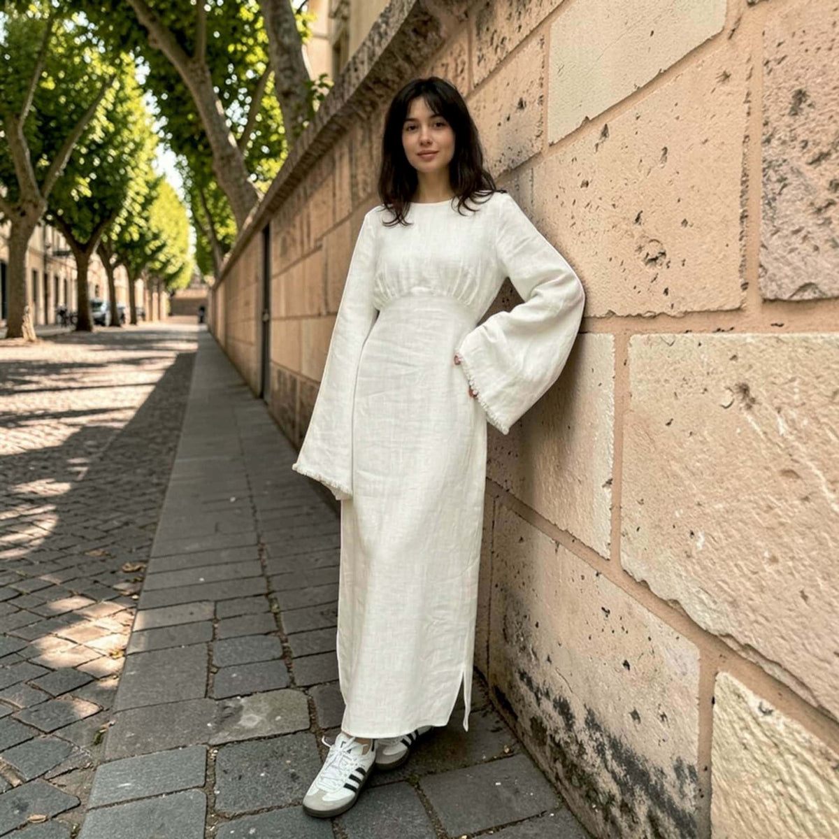 Long Sleeve Maxi Dress, Round Neck Linen Long Dress