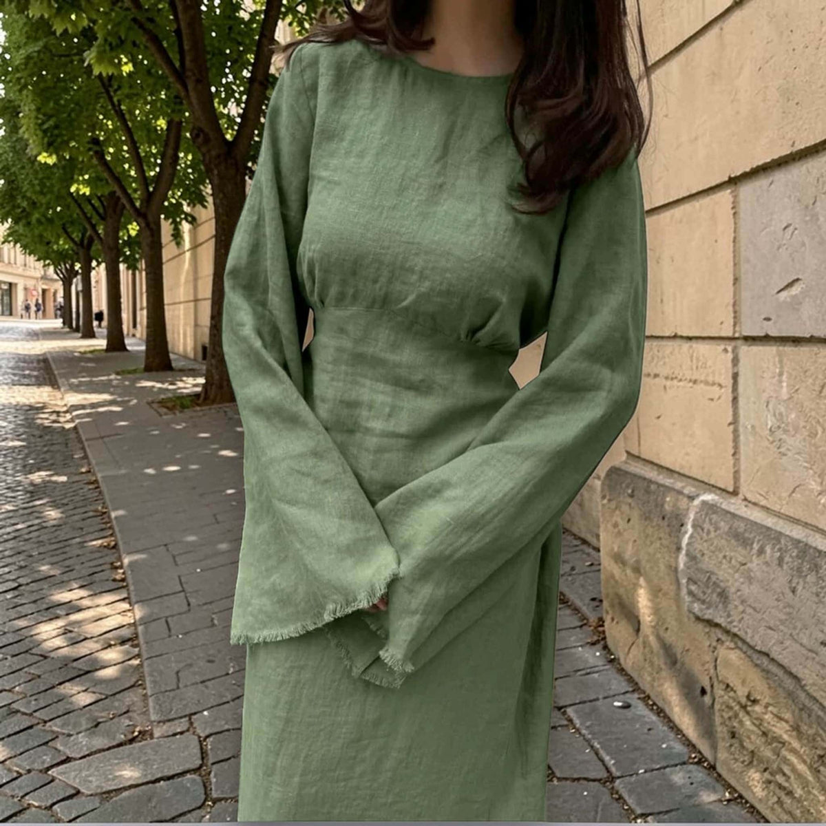 Long Sleeve Maxi Dress, Round Neck Linen Long Dress