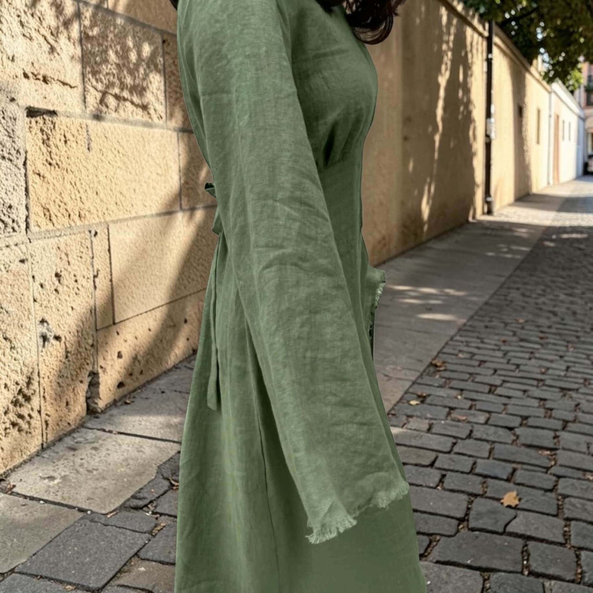 Long Sleeve Maxi Dress, Round Neck Linen Long Dress