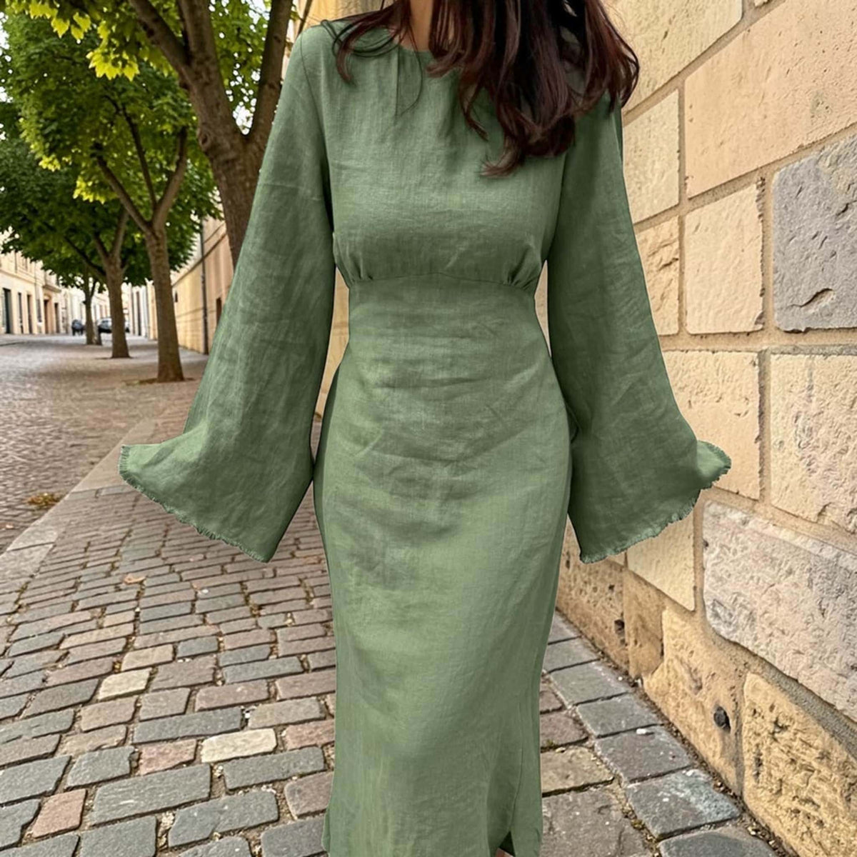 Long Sleeve Maxi Dress, Round Neck Linen Long Dress