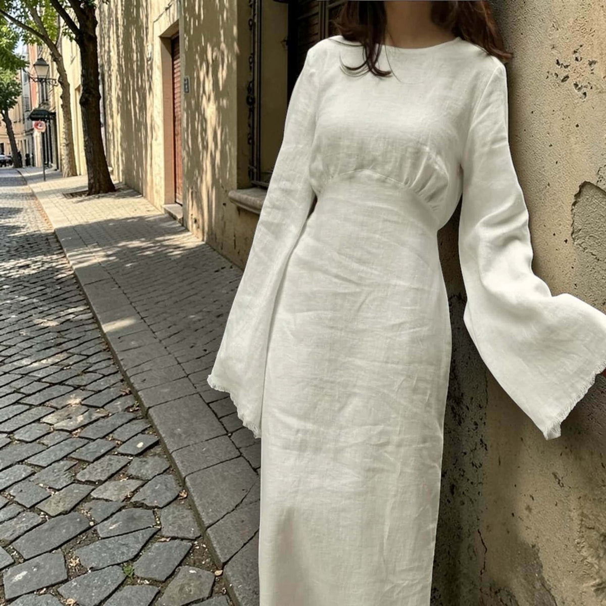 Long Sleeve Maxi Dress, Round Neck Linen Long Dress