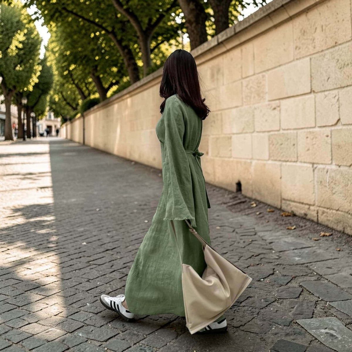 Long Sleeve Maxi Dress, Round Neck Linen Long Dress