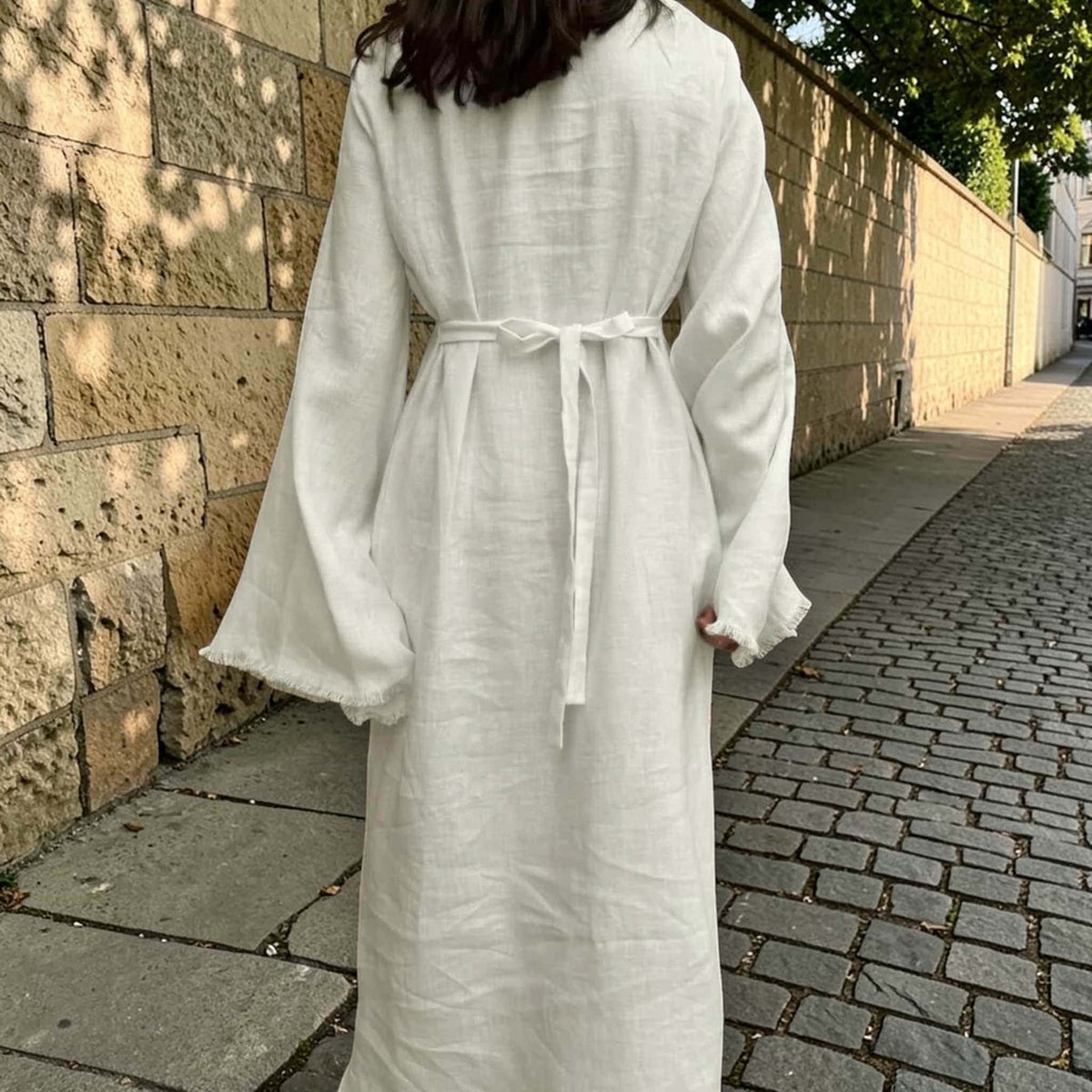 Long Sleeve Maxi Dress, Round Neck Linen Long Dress