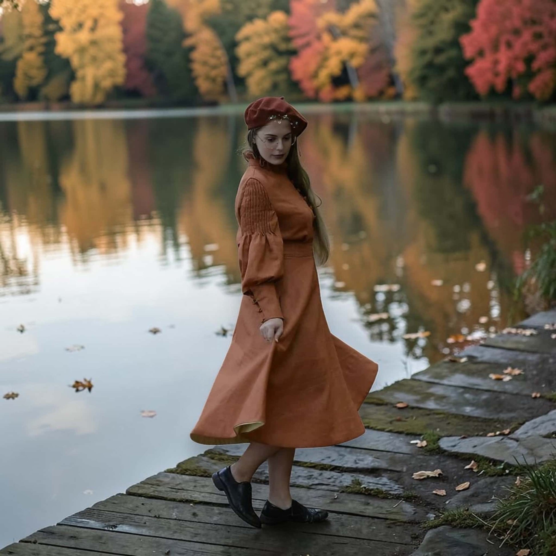 Long Sleeve Vintage Midi Dress, Button Front Linen Dress