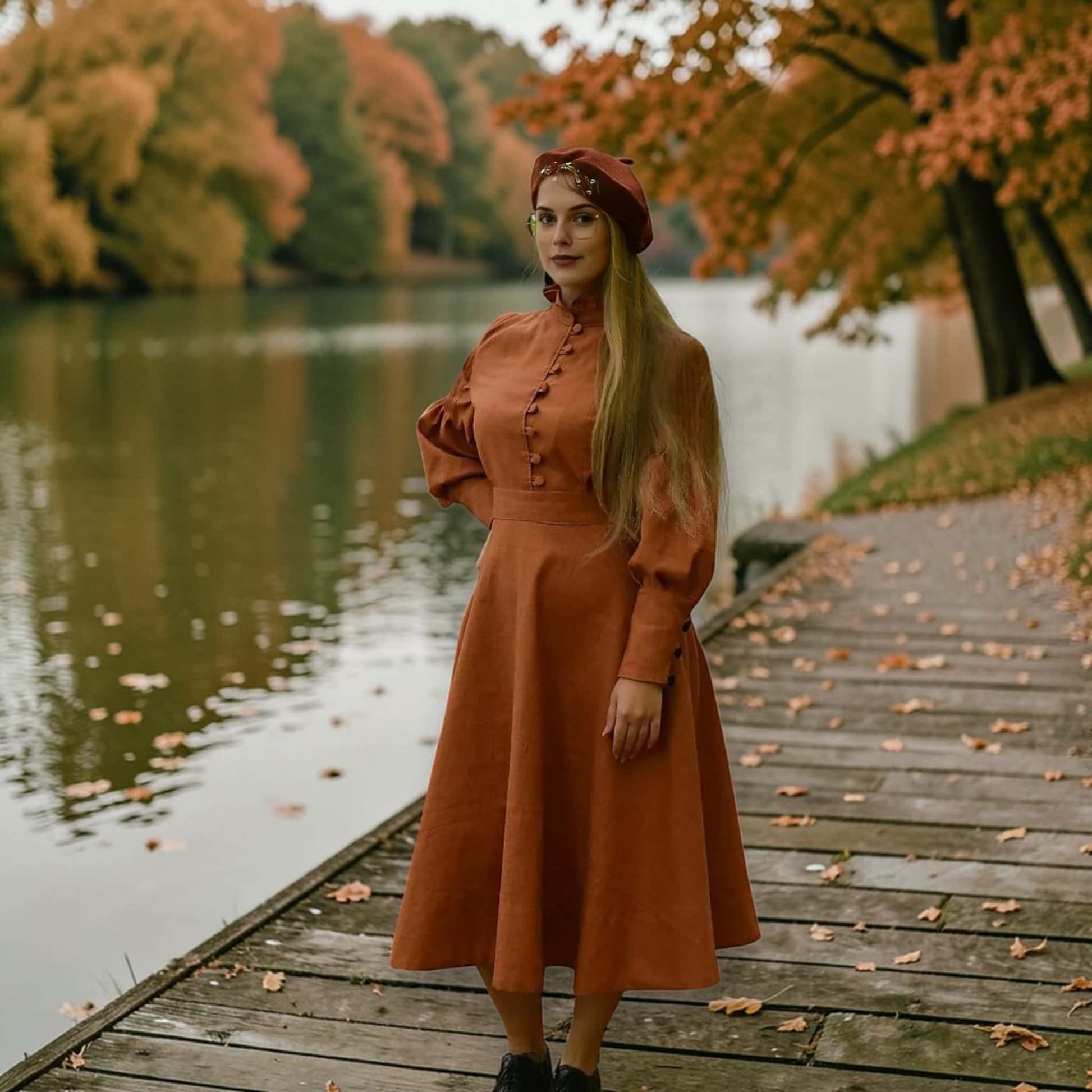 Long Sleeve Vintage Midi Dress, Button Front Linen Dress