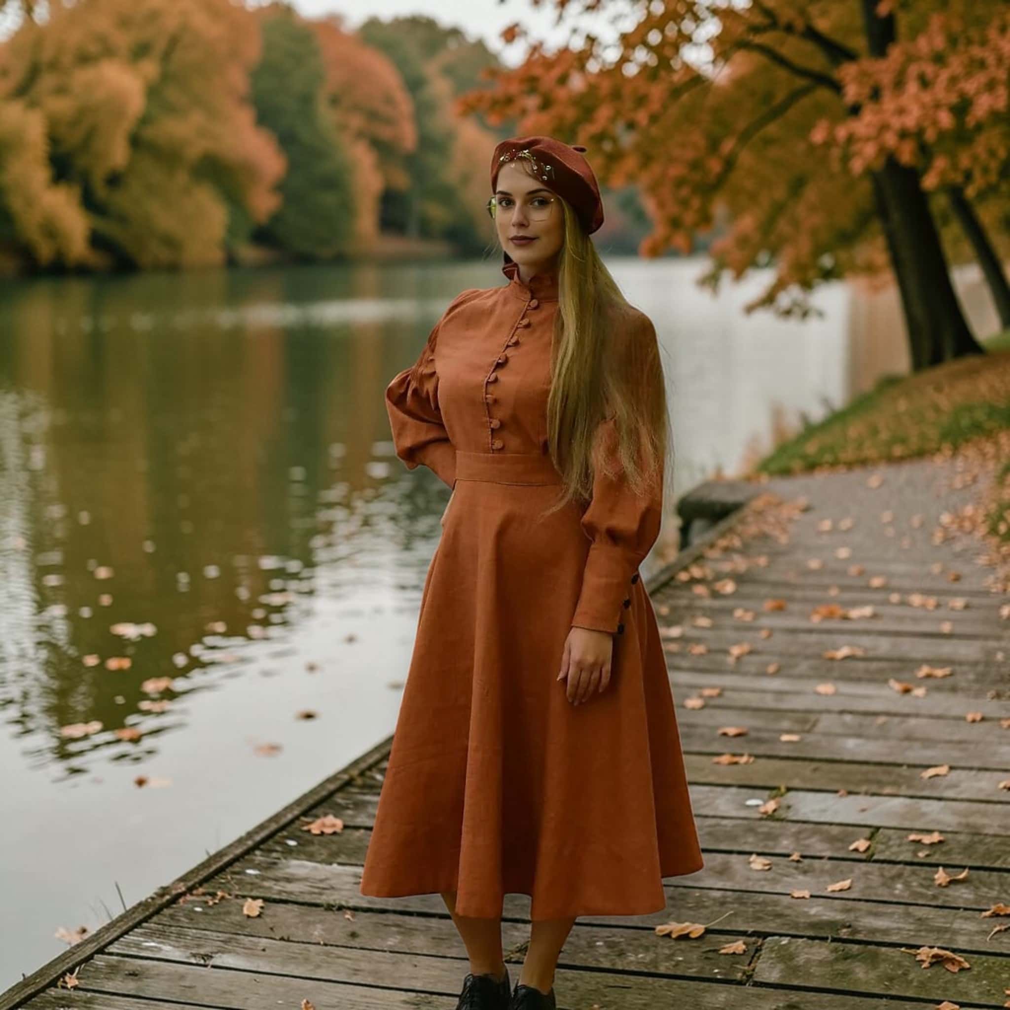 Long Sleeve Vintage Midi Dress, Button Front Linen Dress