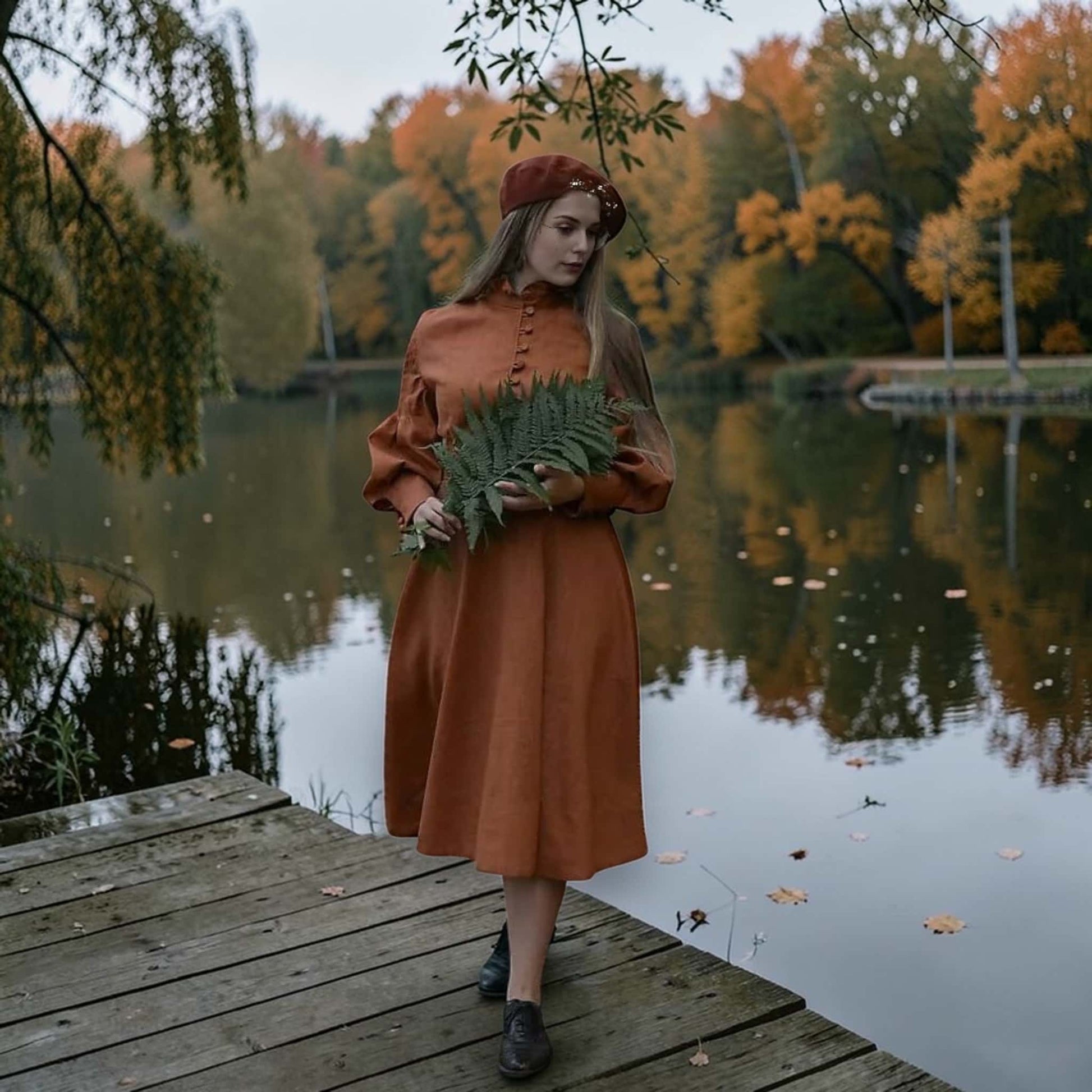 Long Sleeve Vintage Midi Dress, Button Front Linen Dress