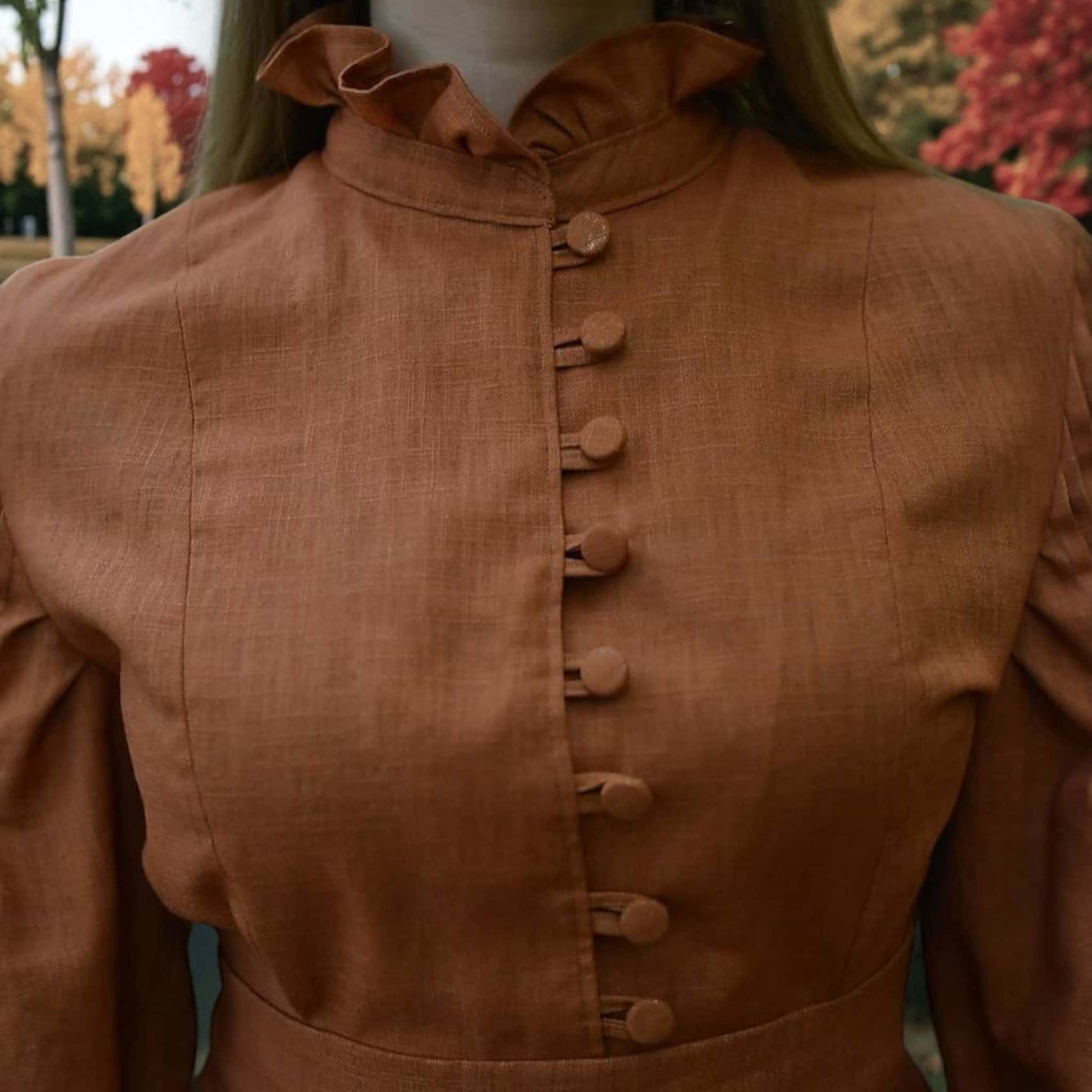 Long Sleeve Vintage Midi Dress, Button Front Linen Dress