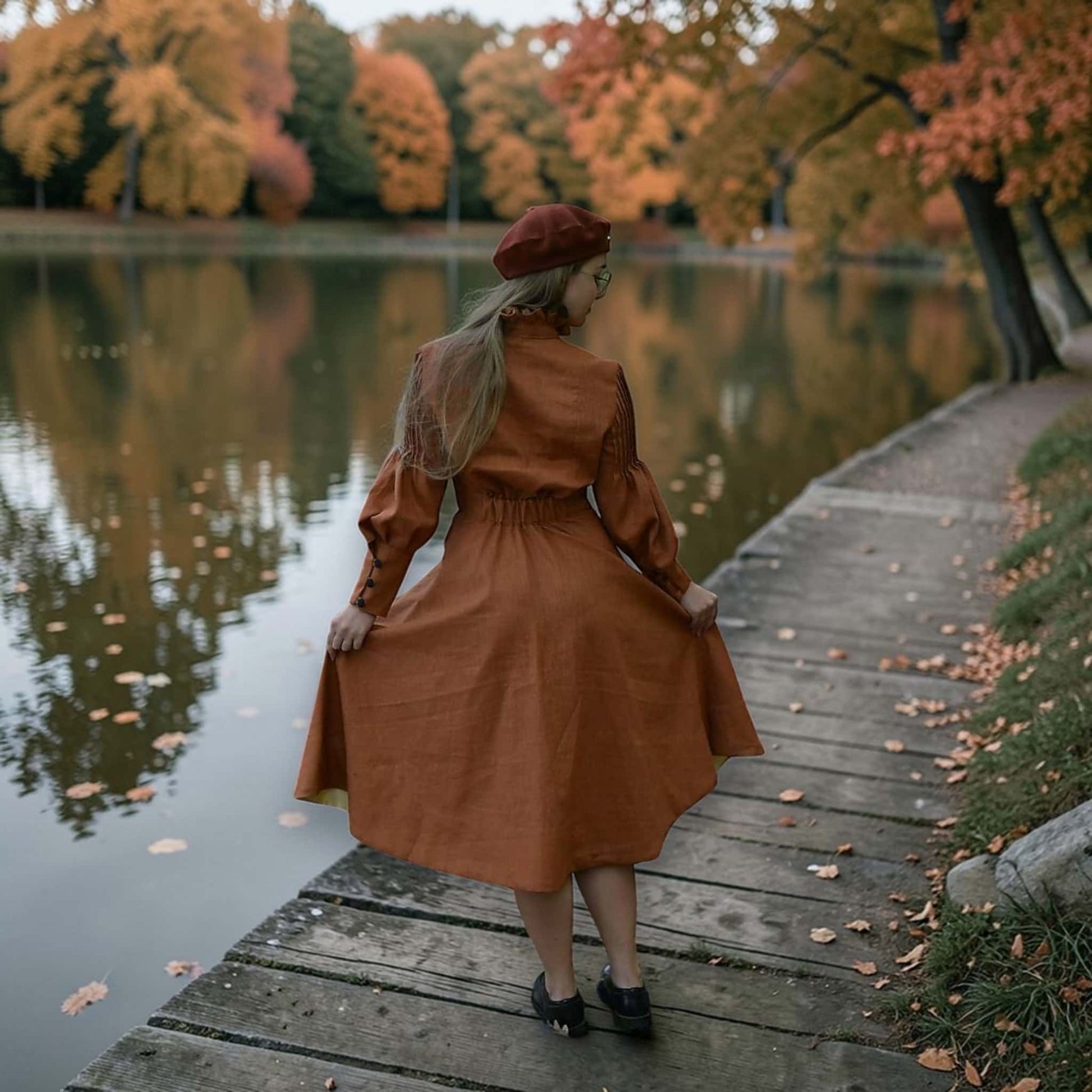 Long Sleeve Vintage Midi Dress, Button Front Linen Dress