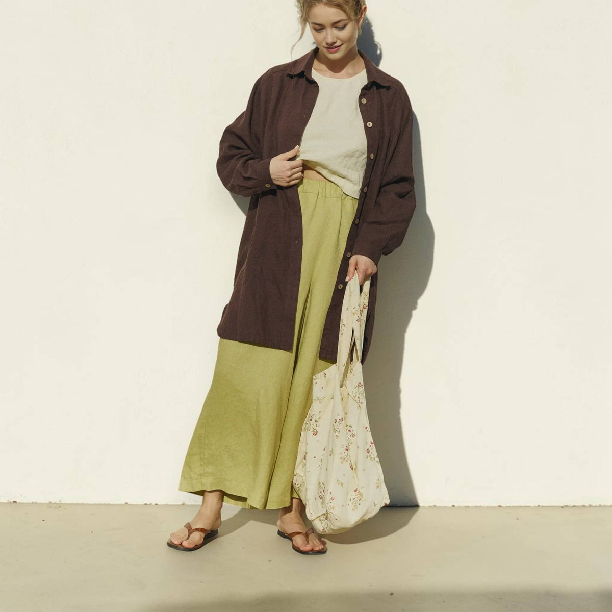 Longline Linen Shirt, Button Front Relaxed Sleeve