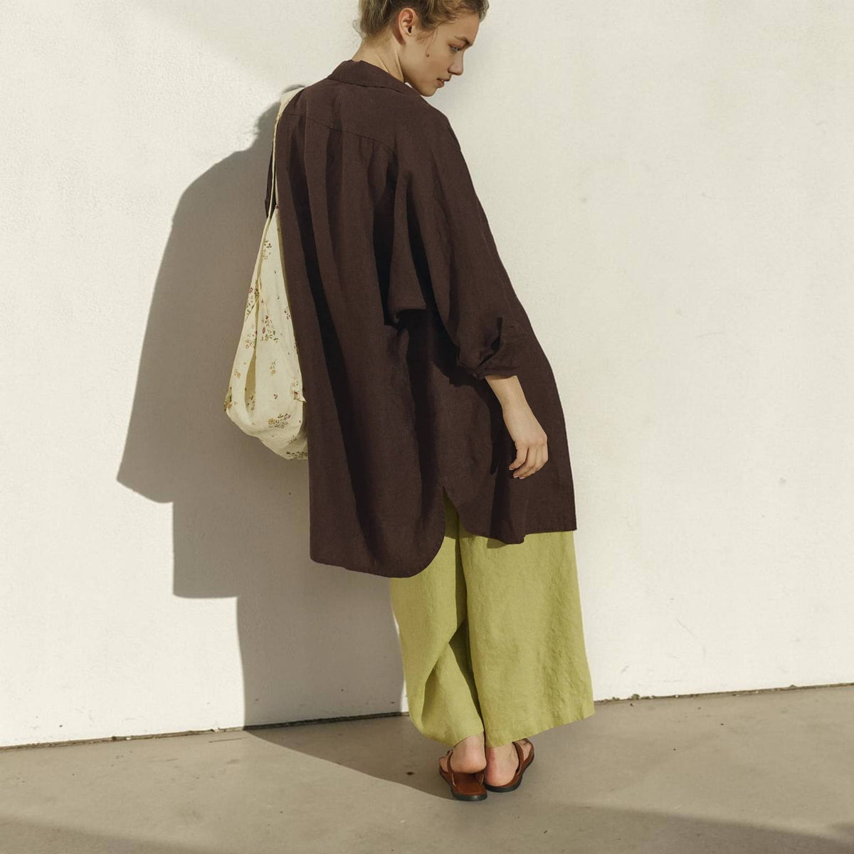 Longline Linen Shirt, Button Front Relaxed Sleeve