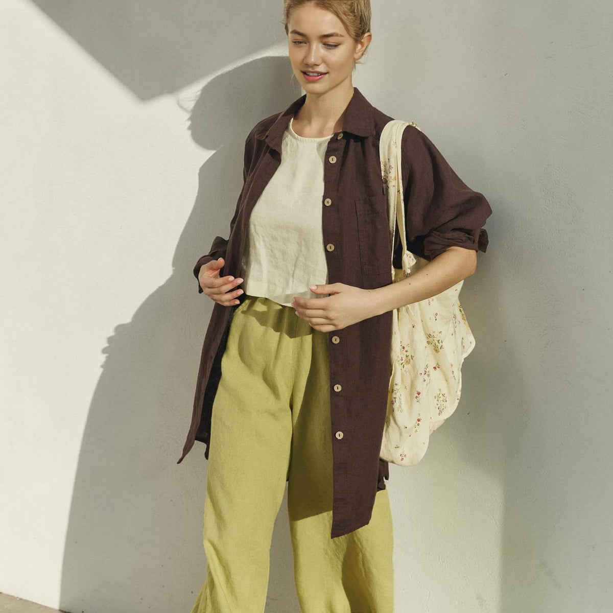Longline Linen Shirt, Button Front Relaxed Sleeve