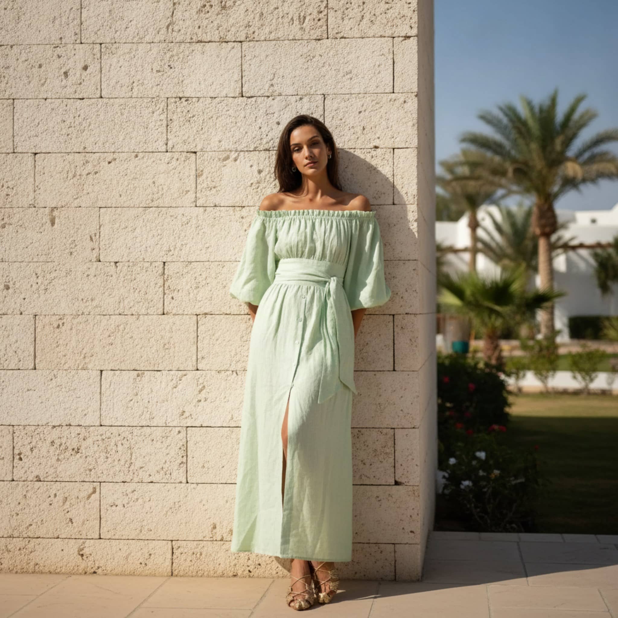 Off Shoulder Linen Maxi Dress, Button Front Puff Sleeve