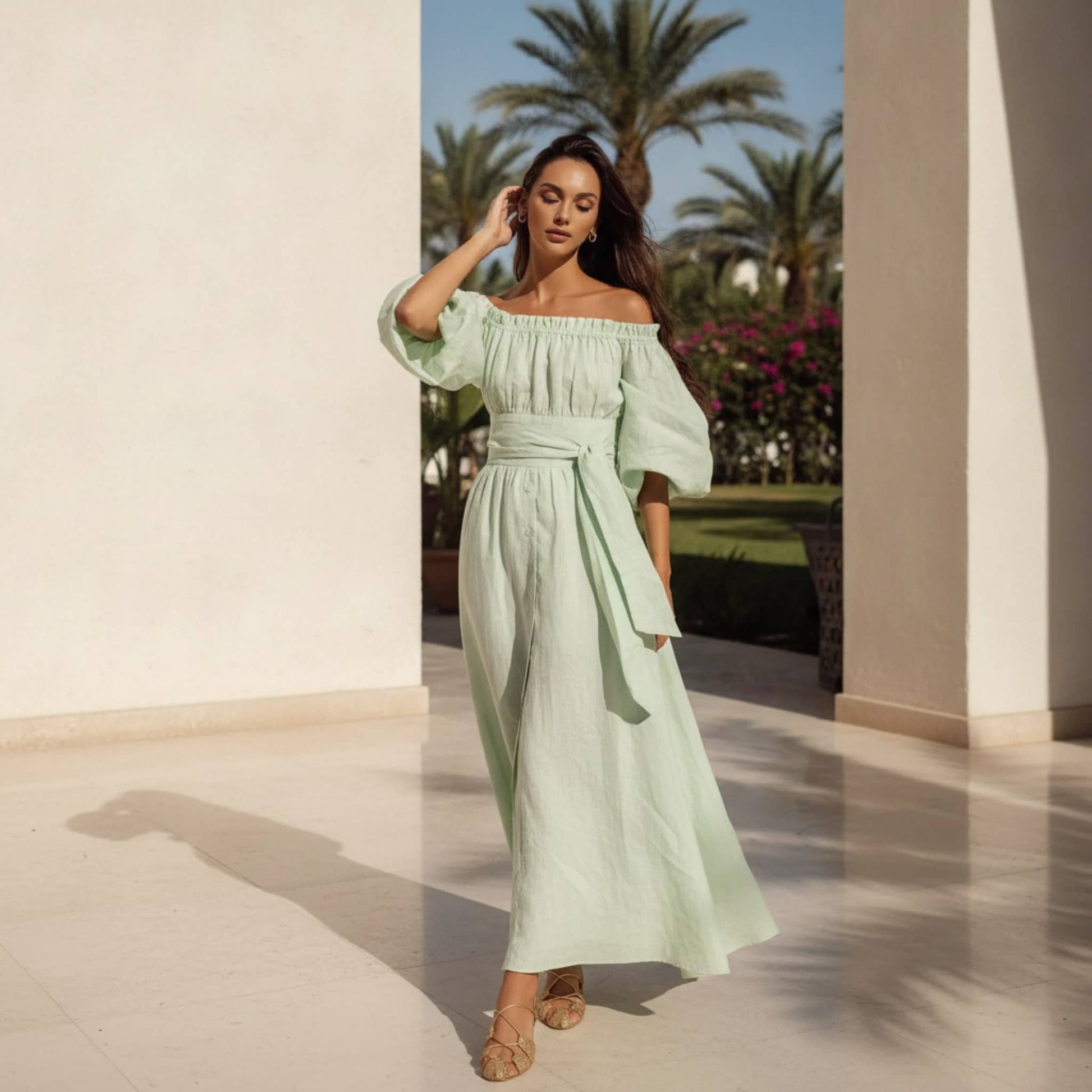 Off Shoulder Linen Maxi Dress, Button Front Puff Sleeve