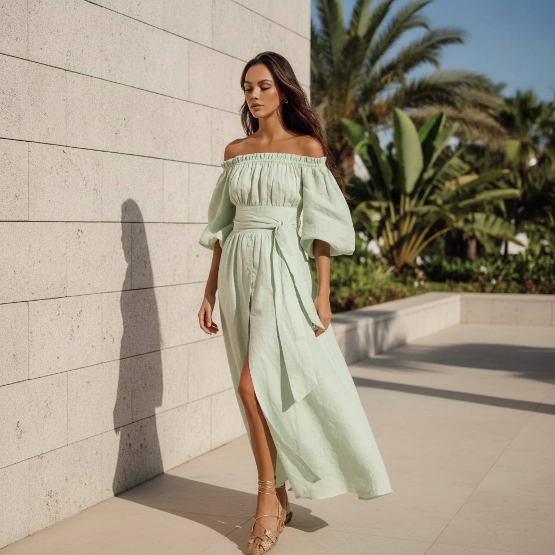 Off Shoulder Linen Maxi Dress, Button Front Puff Sleeve