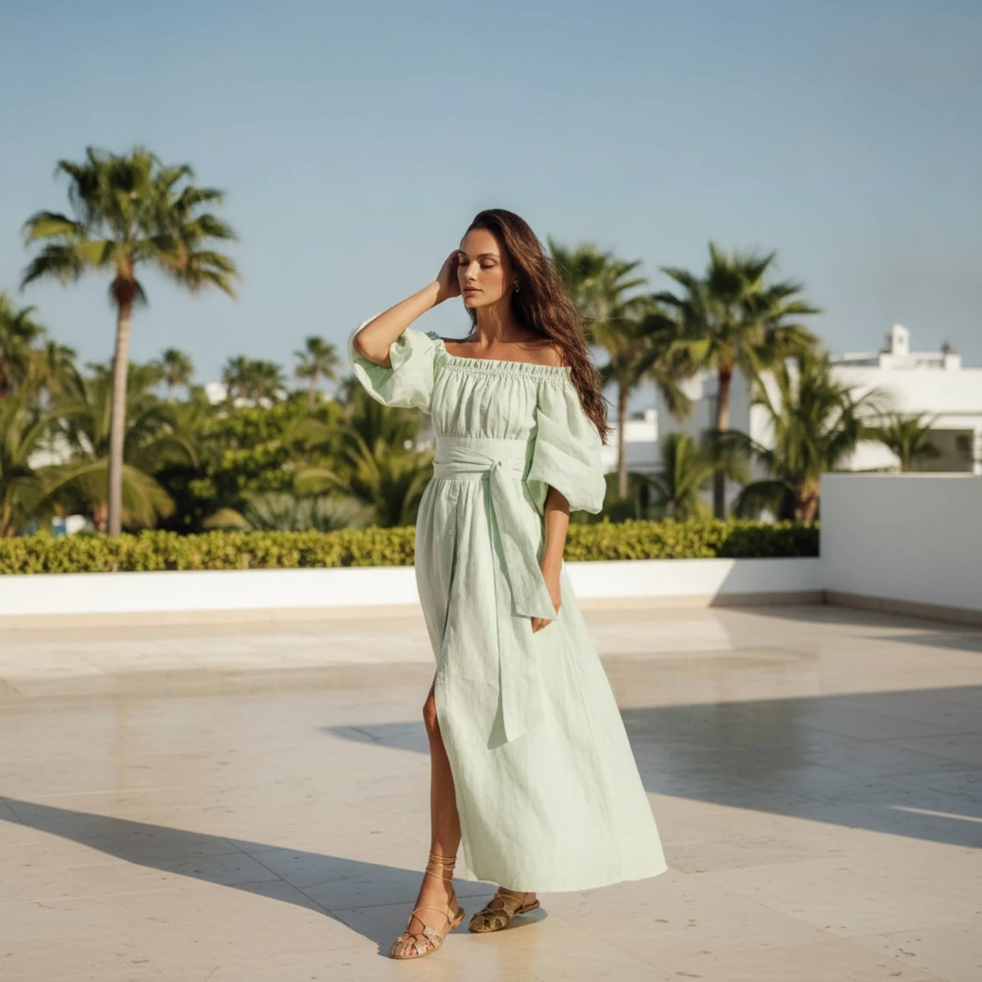 Off Shoulder Linen Maxi Dress, Button Front Puff Sleeve