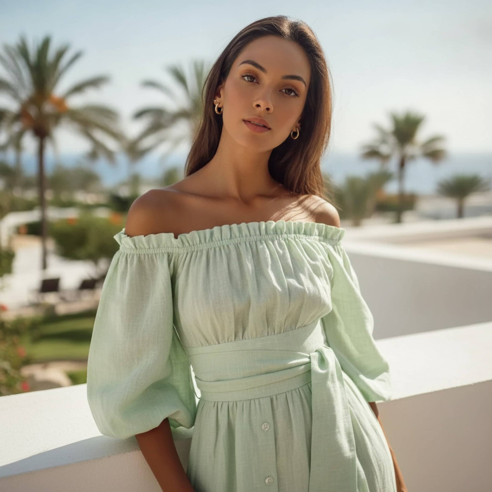 Off Shoulder Linen Maxi Dress, Button Front Puff Sleeve