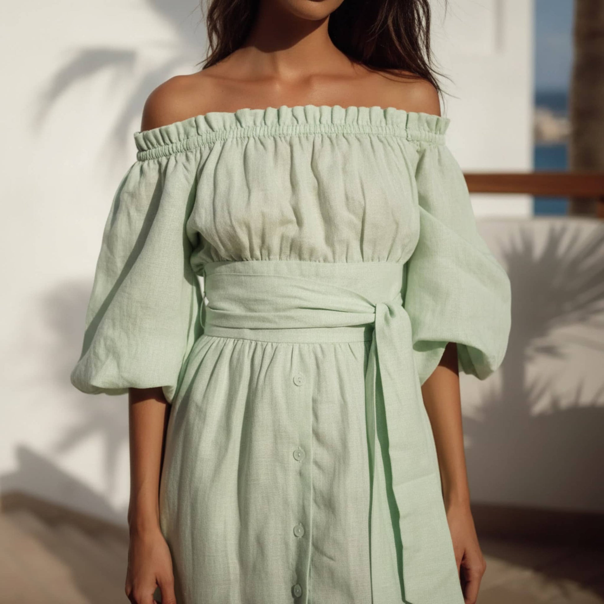 Off Shoulder Linen Maxi Dress, Button Front Puff Sleeve