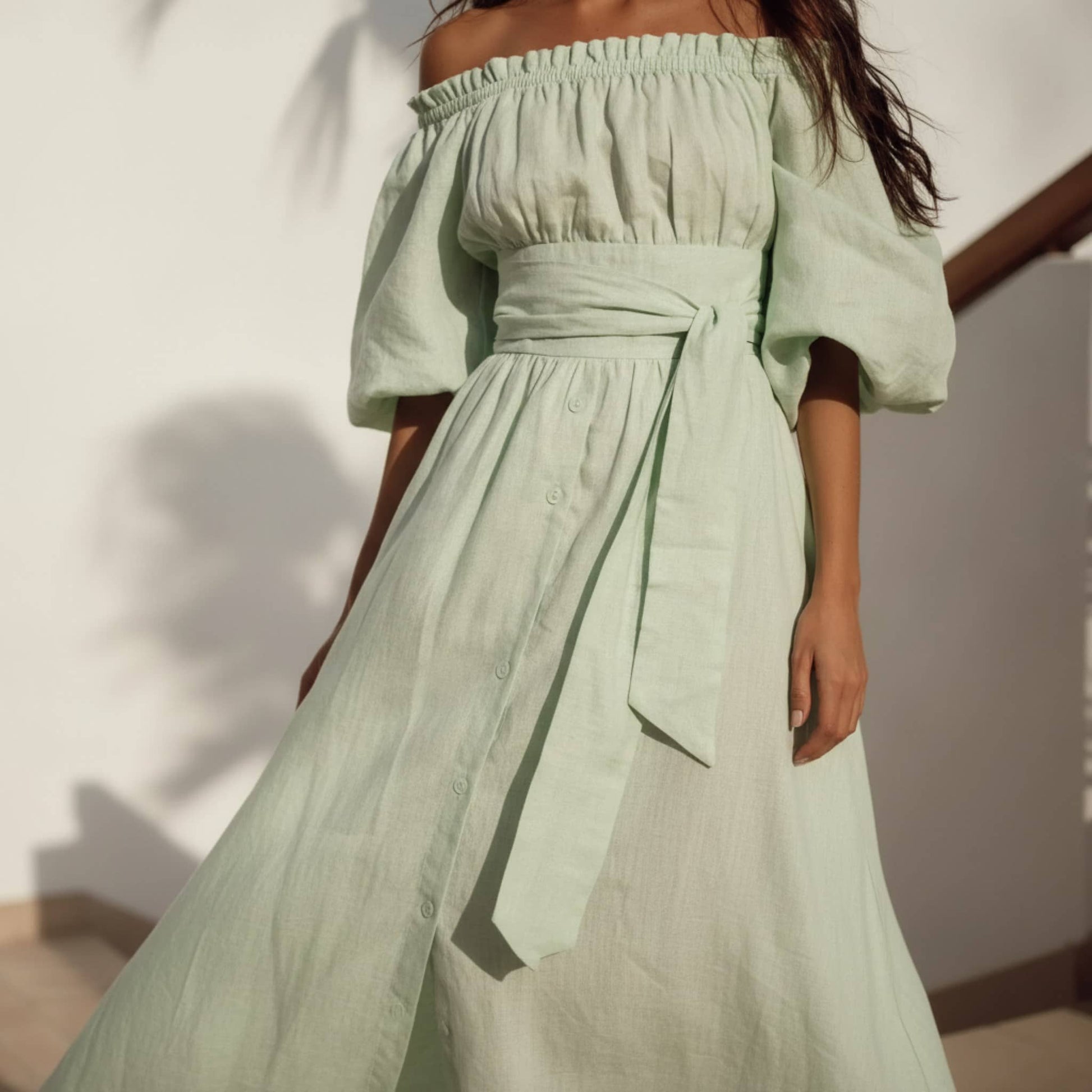 Off Shoulder Linen Maxi Dress, Button Front Puff Sleeve