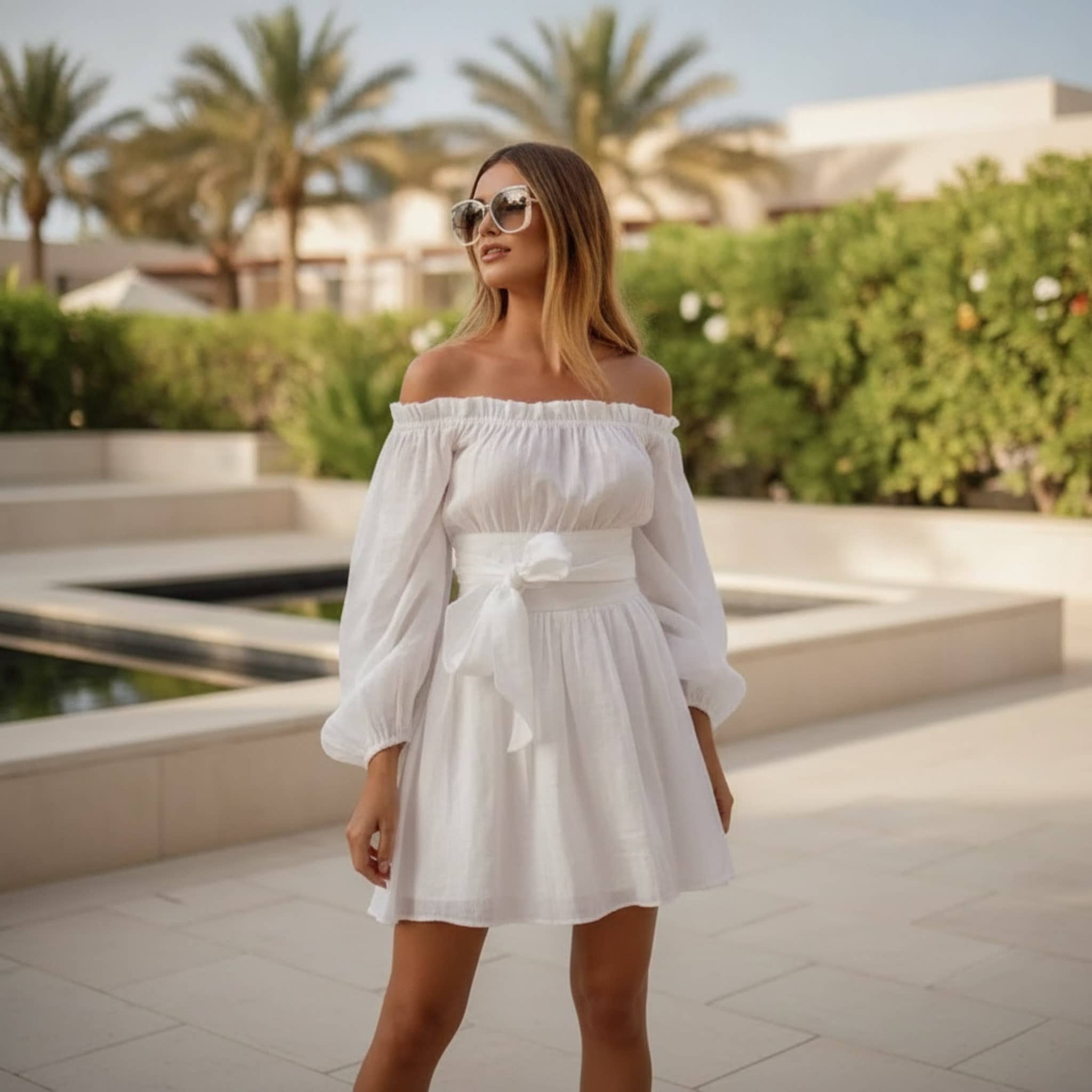 Off Shoulder Linen Mini Dress, Puff Sleeve Tie Waist