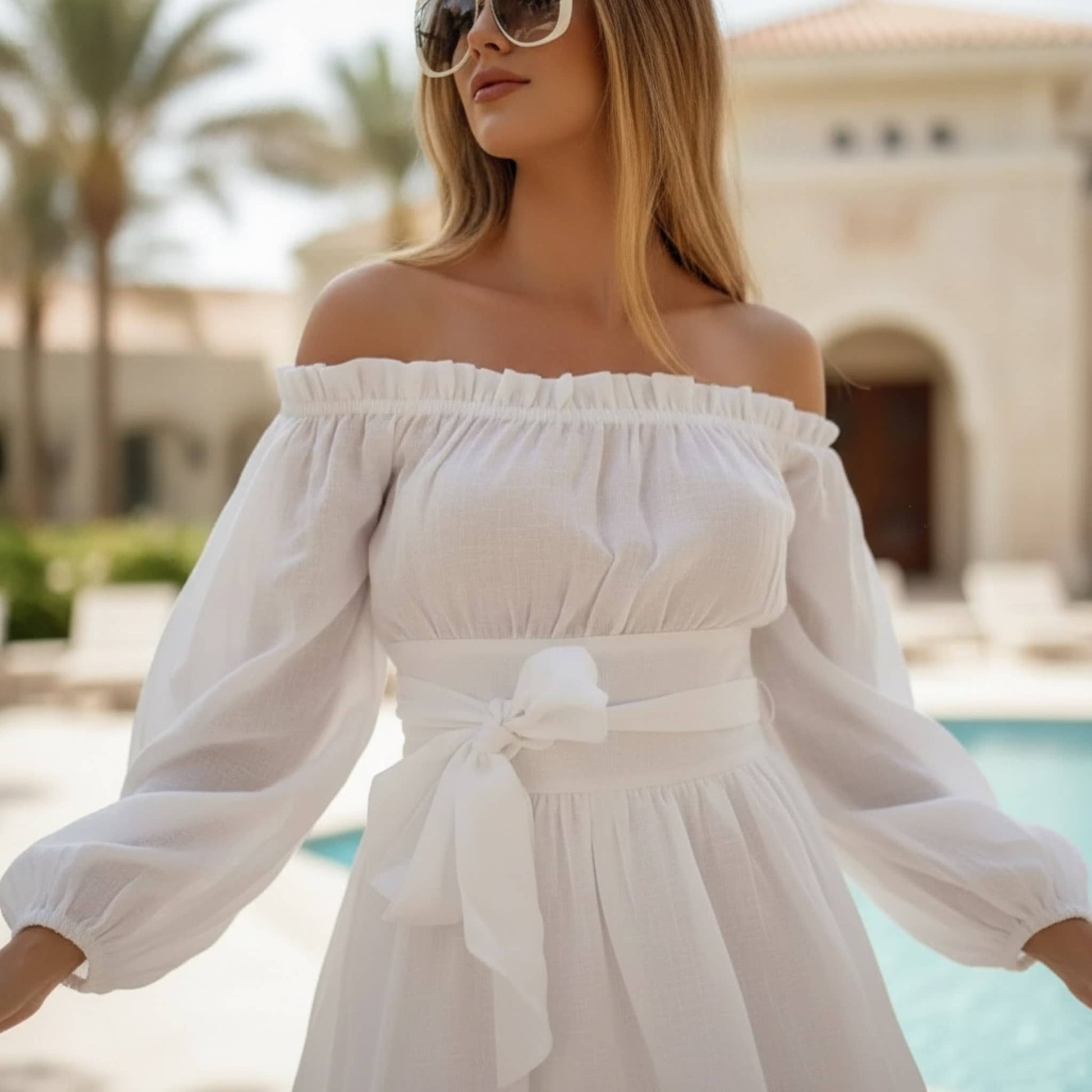 Off Shoulder Linen Mini Dress, Puff Sleeve Tie Waist