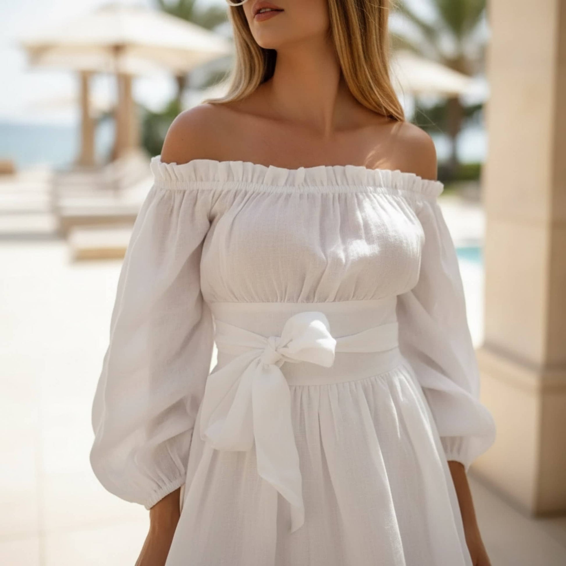 Off Shoulder Linen Mini Dress, Puff Sleeve Tie Waist
