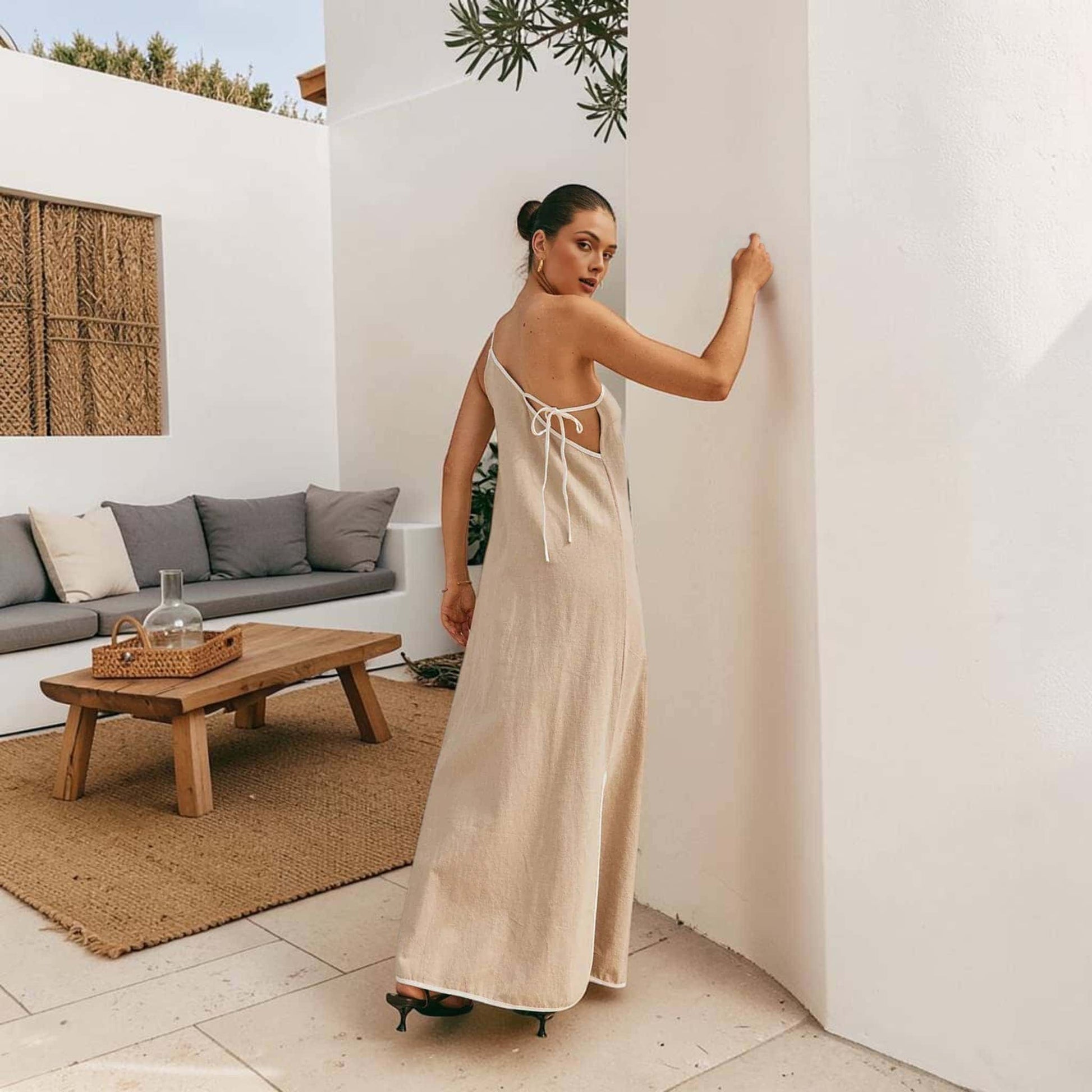 One Shoulder Linen Maxi Dress, Contrast Trim Open Back