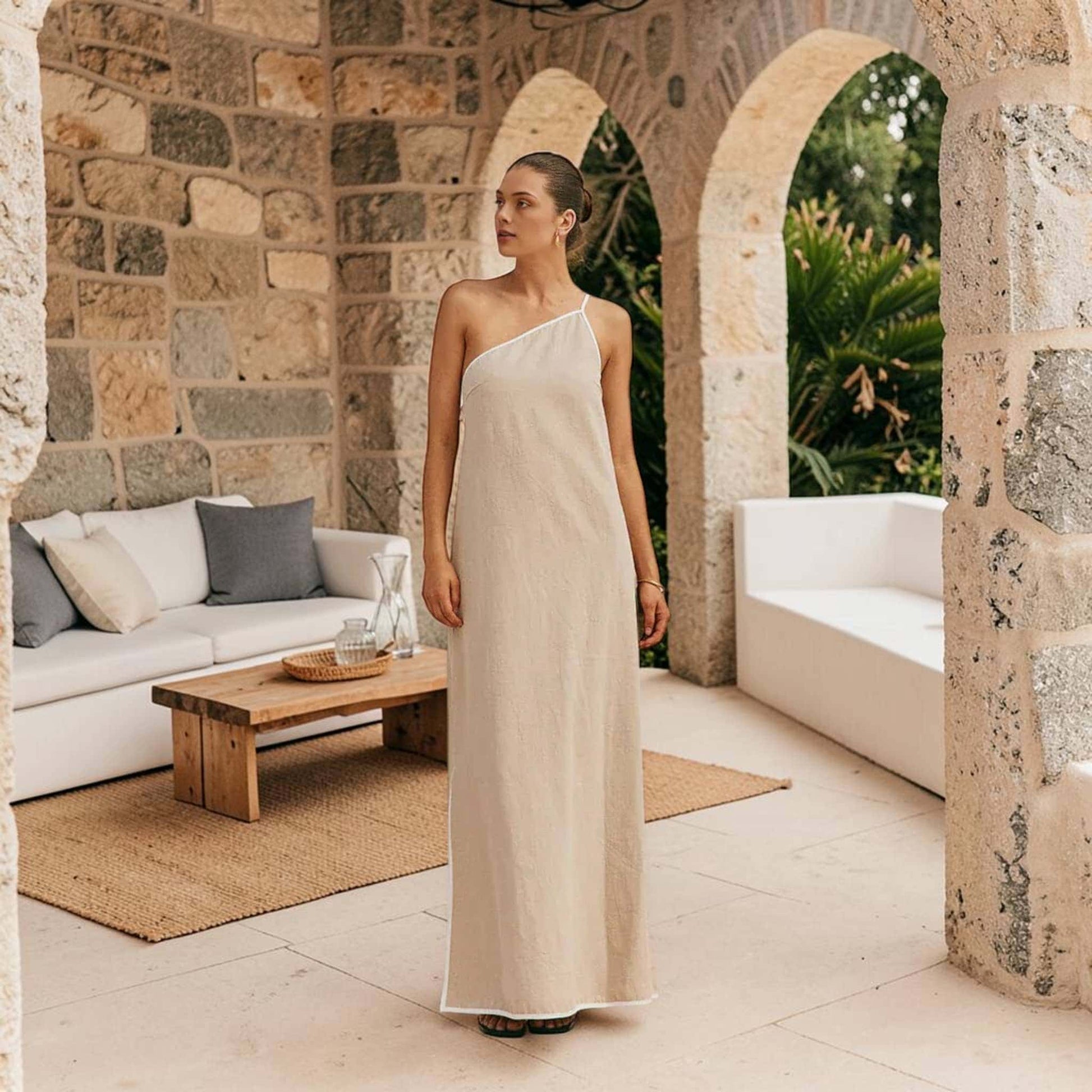 One Shoulder Linen Maxi Dress, Contrast Trim Open Back