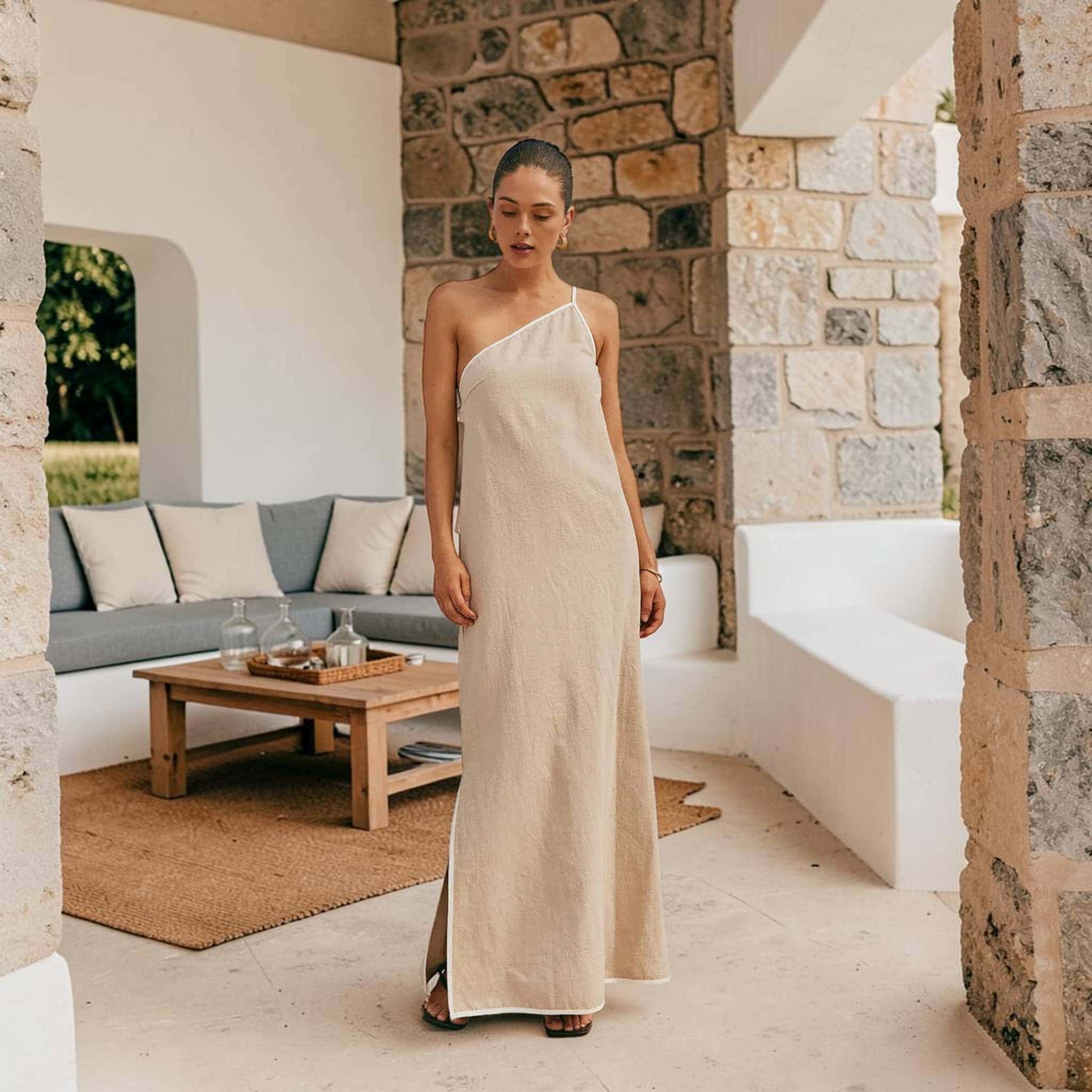 One Shoulder Linen Maxi Dress, Contrast Trim Open Back