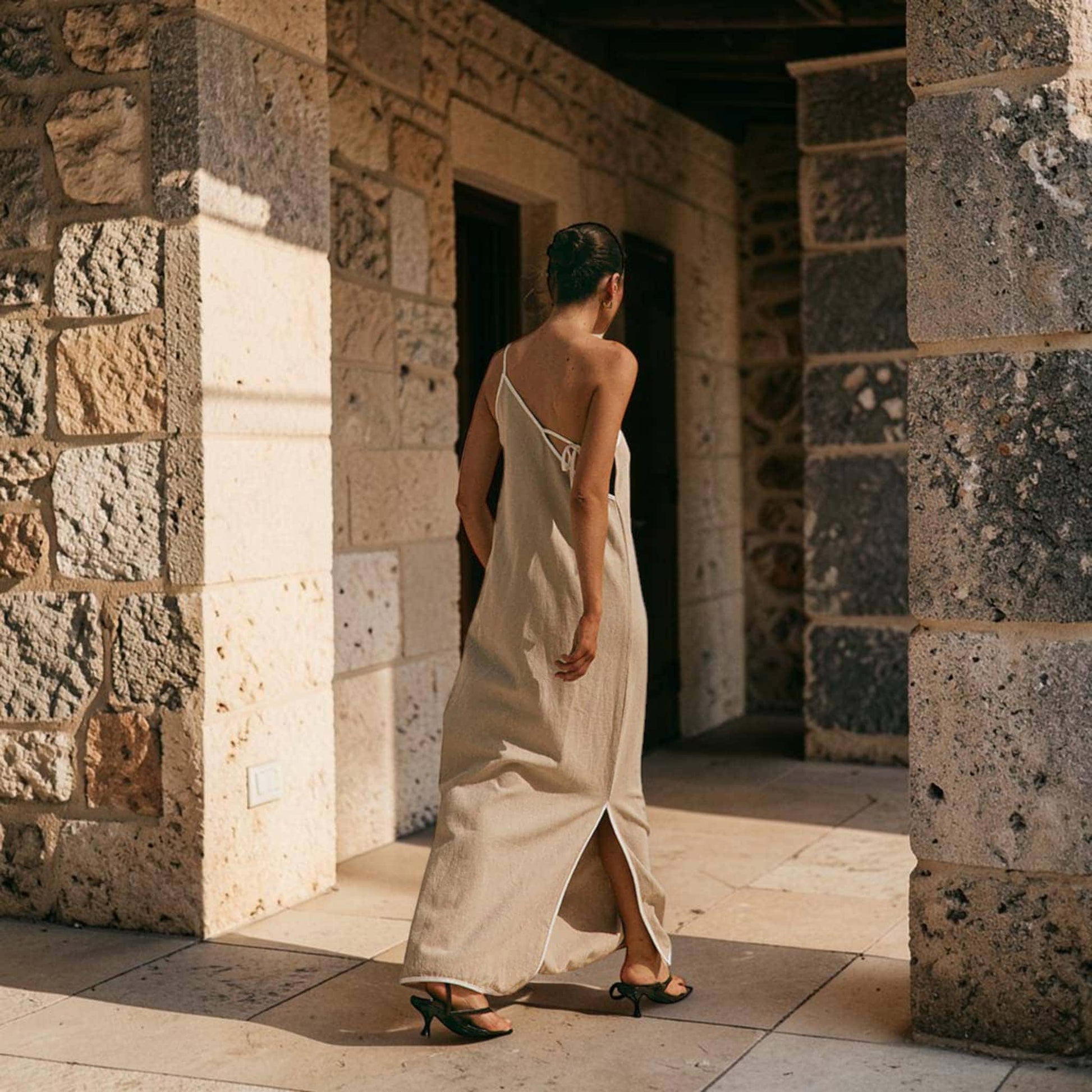 One Shoulder Linen Maxi Dress, Contrast Trim Open Back