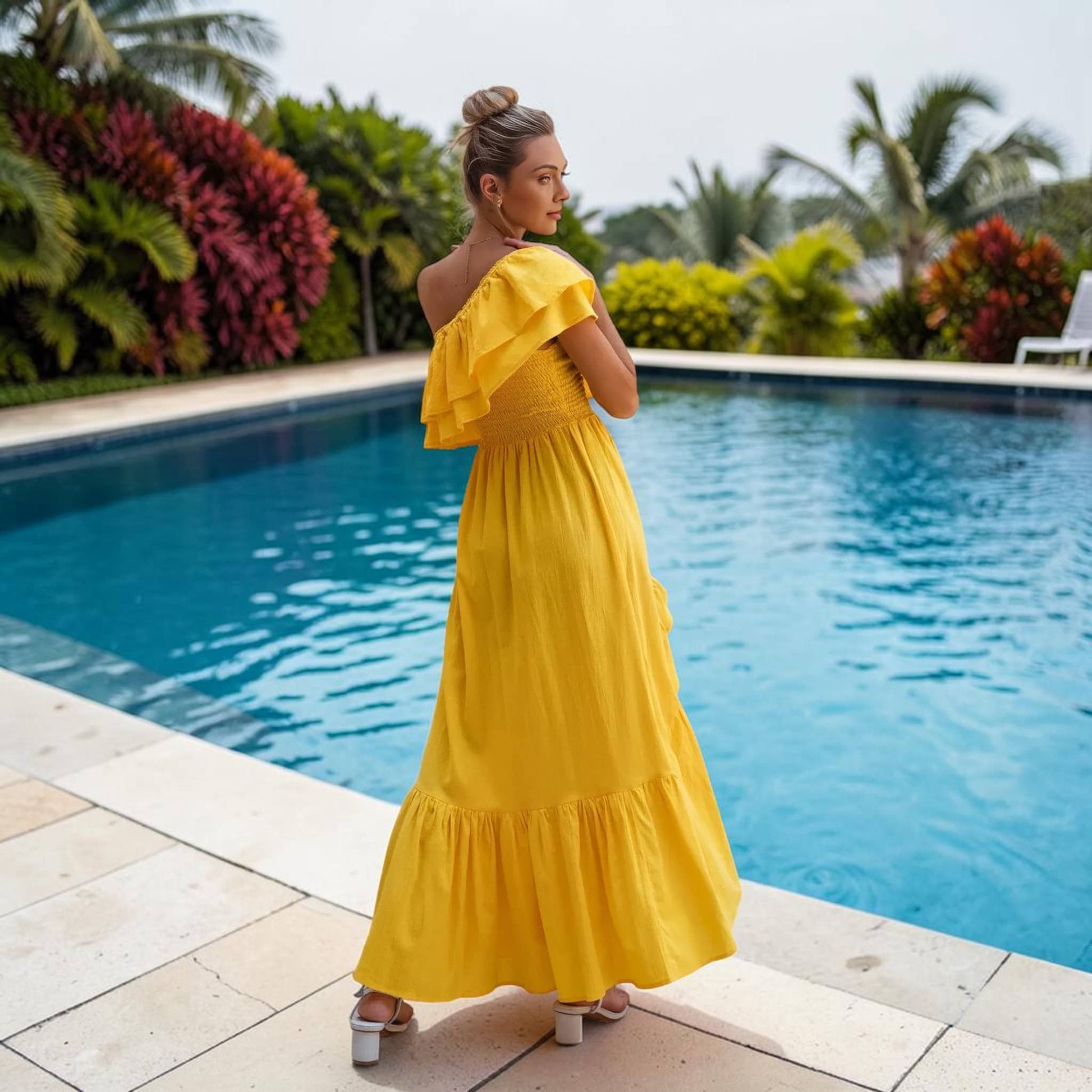One Shoulder Linen Maxi Dress, Ruffle Side Slit