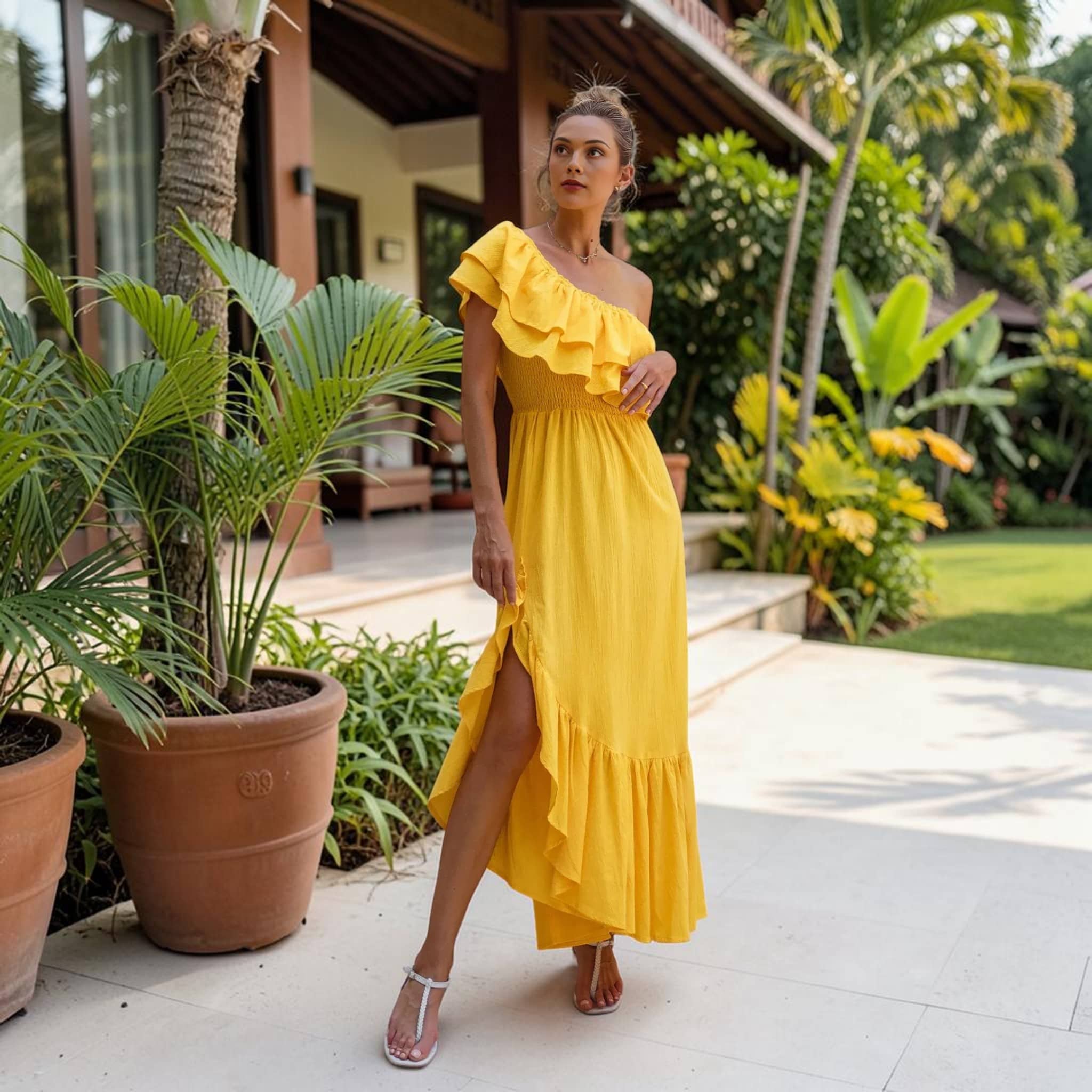 One Shoulder Linen Maxi Dress, Ruffle Side Slit