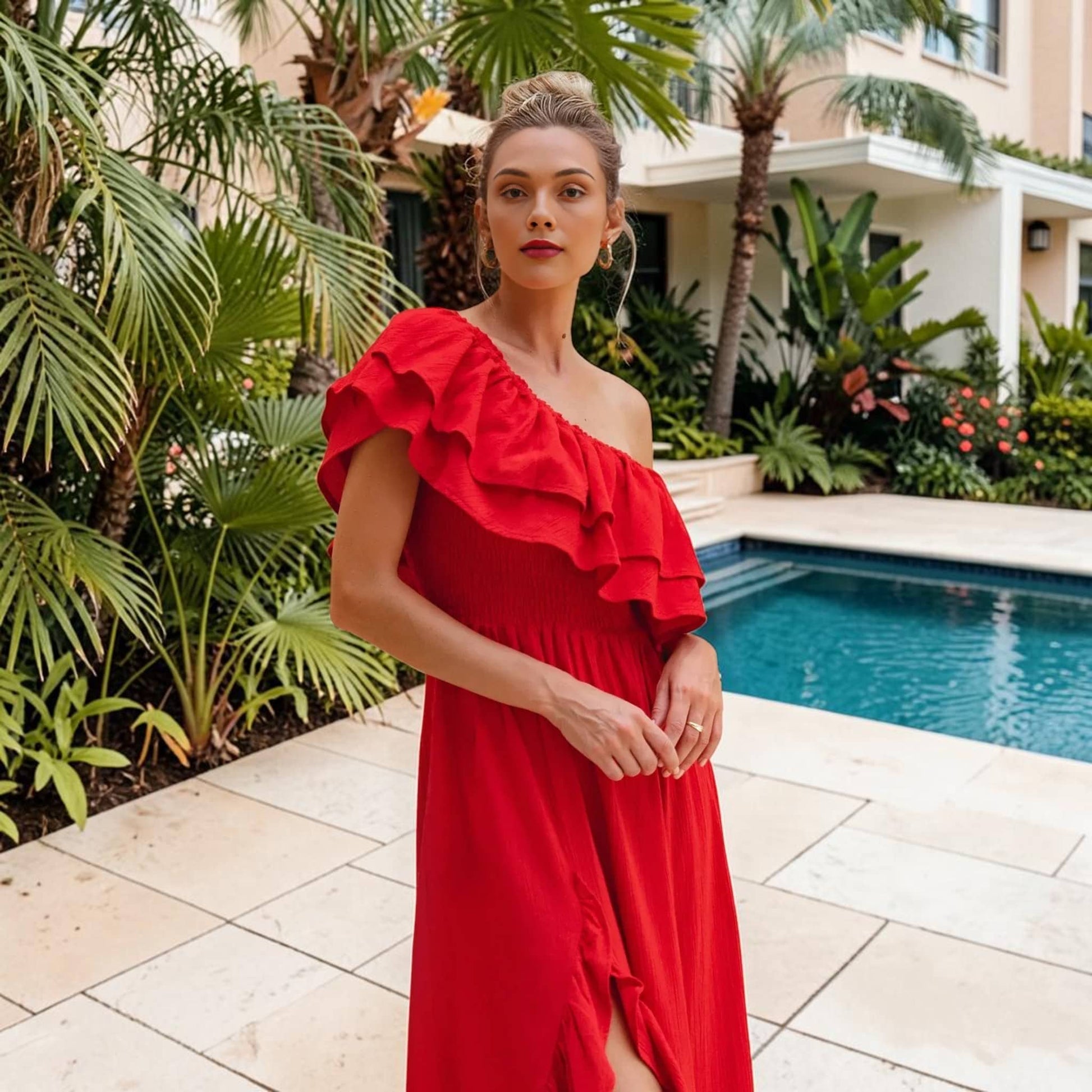 One Shoulder Linen Maxi Dress, Ruffle Side Slit