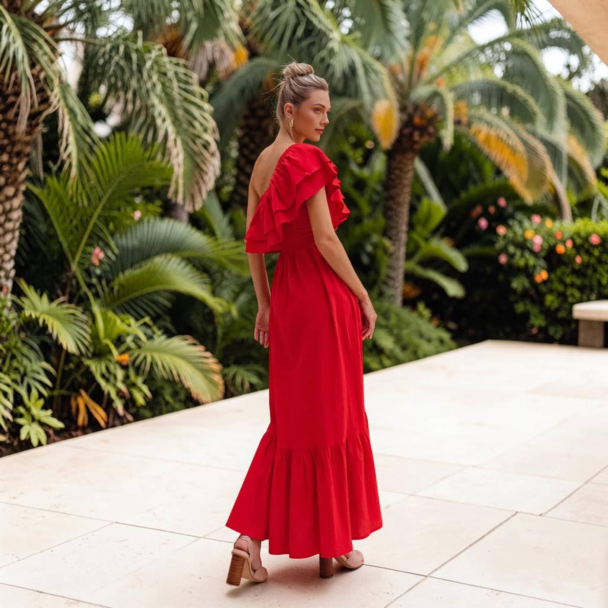 One Shoulder Linen Maxi Dress, Ruffle Side Slit