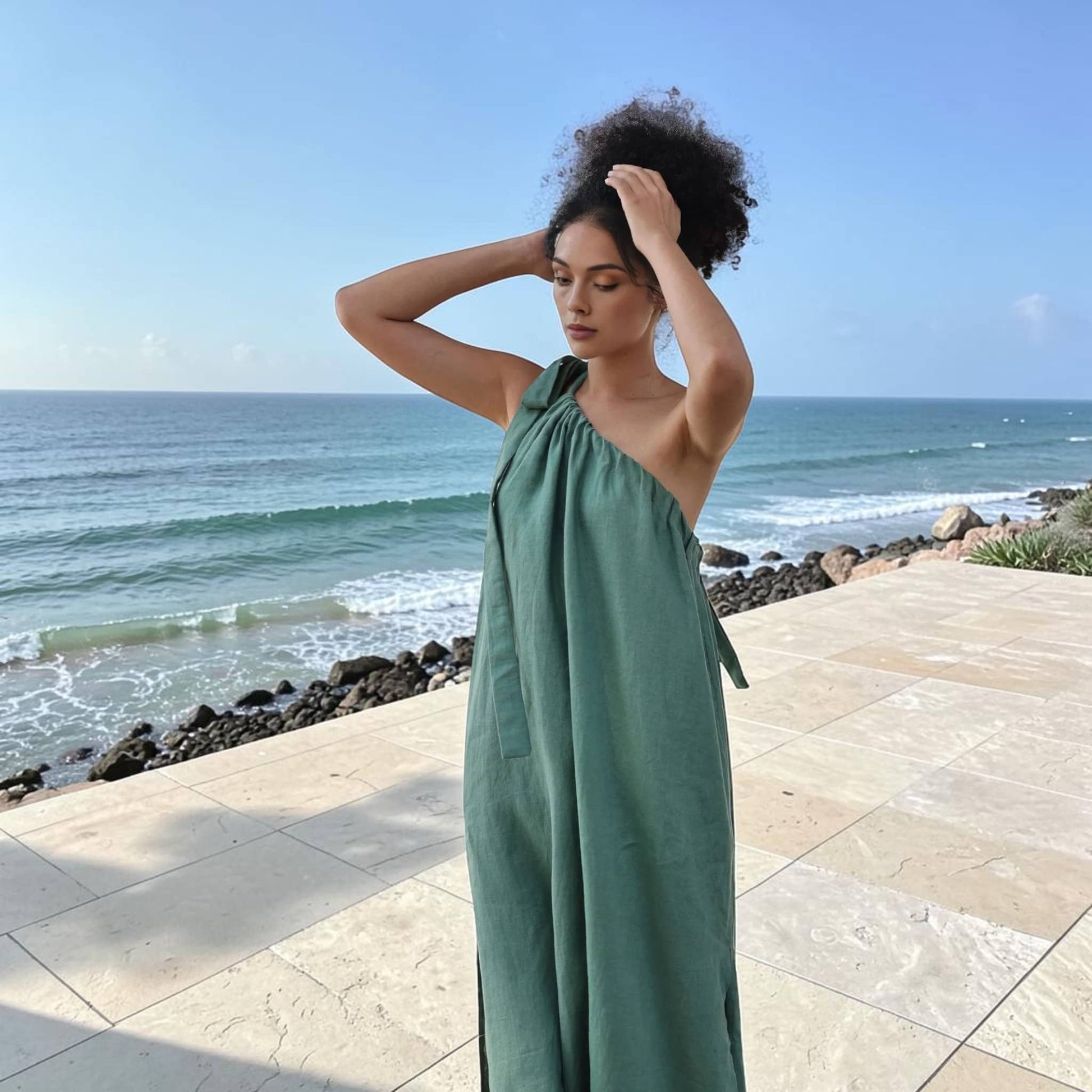 One-Shoulder Linen Maxi Dress, Self Tie Strap Side Slit
