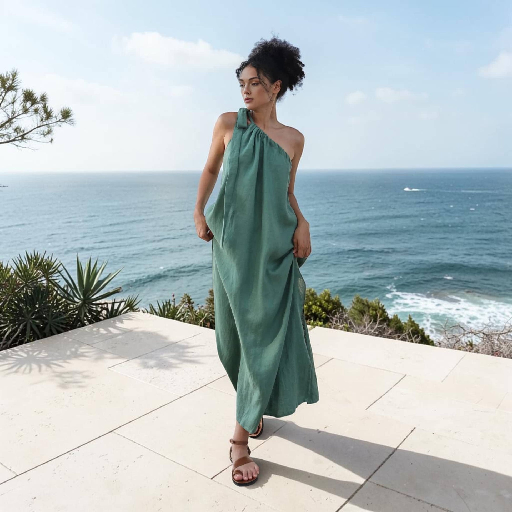 One-Shoulder Linen Maxi Dress, Self Tie Strap Side Slit