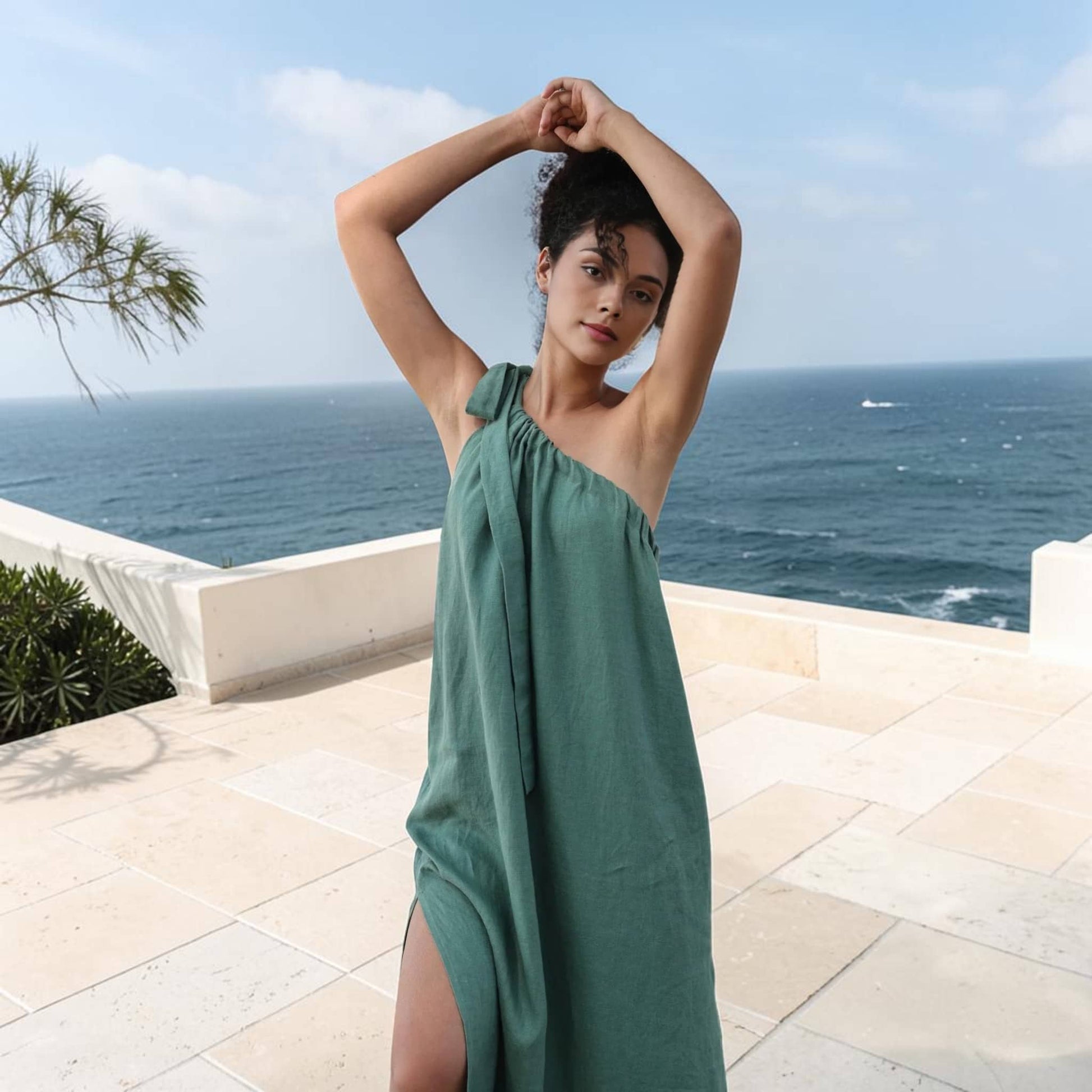 One-Shoulder Linen Maxi Dress, Self Tie Strap Side Slit