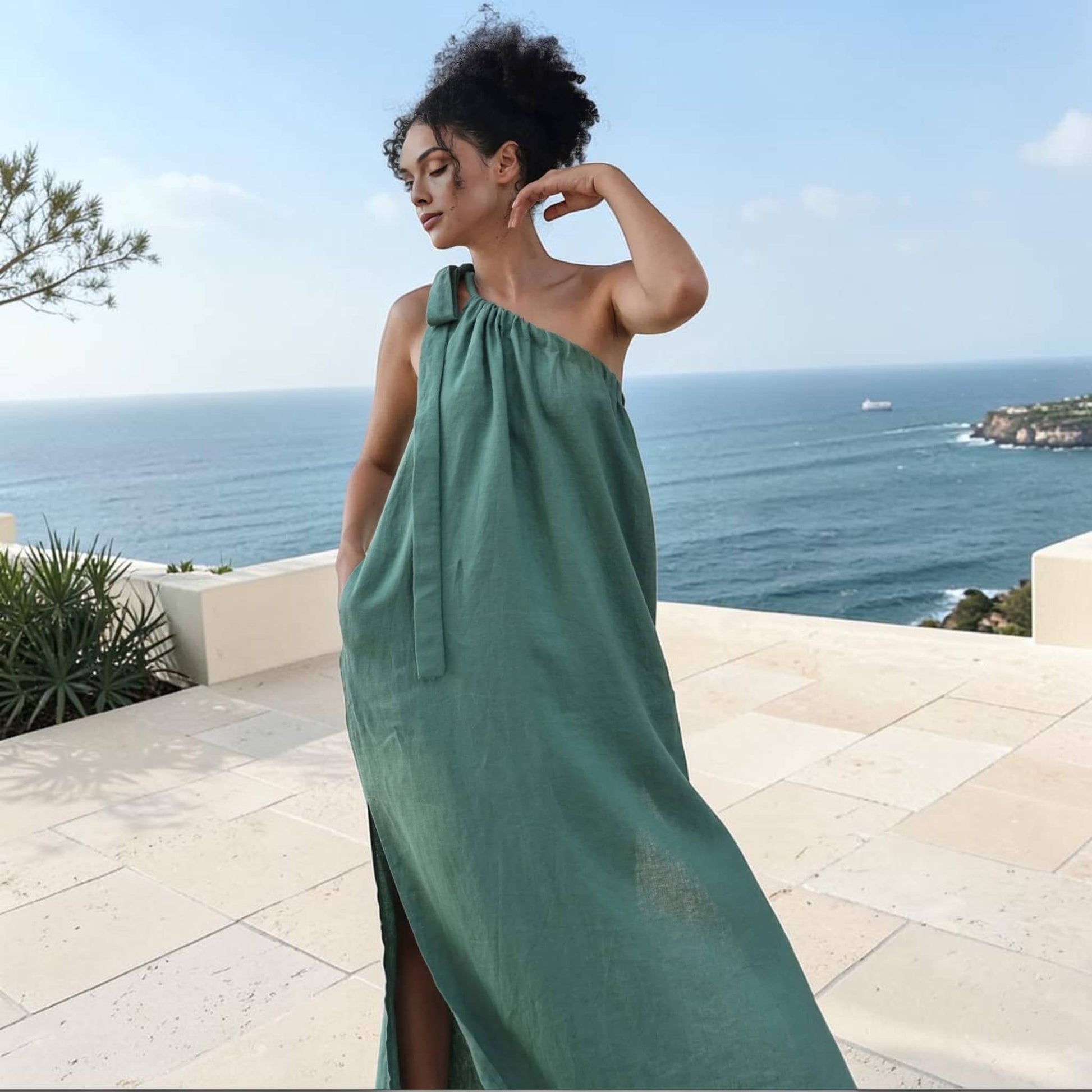 One-Shoulder Linen Maxi Dress, Self Tie Strap Side Slit