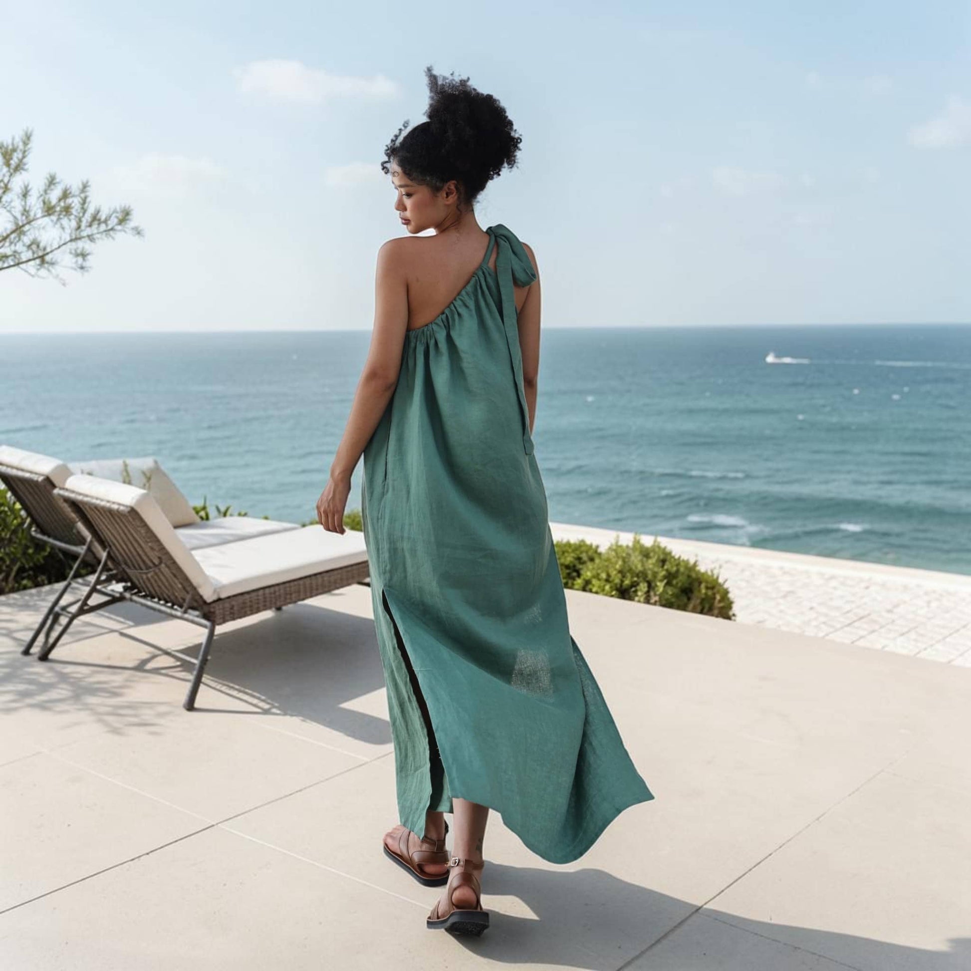 One-Shoulder Linen Maxi Dress, Self Tie Strap Side Slit