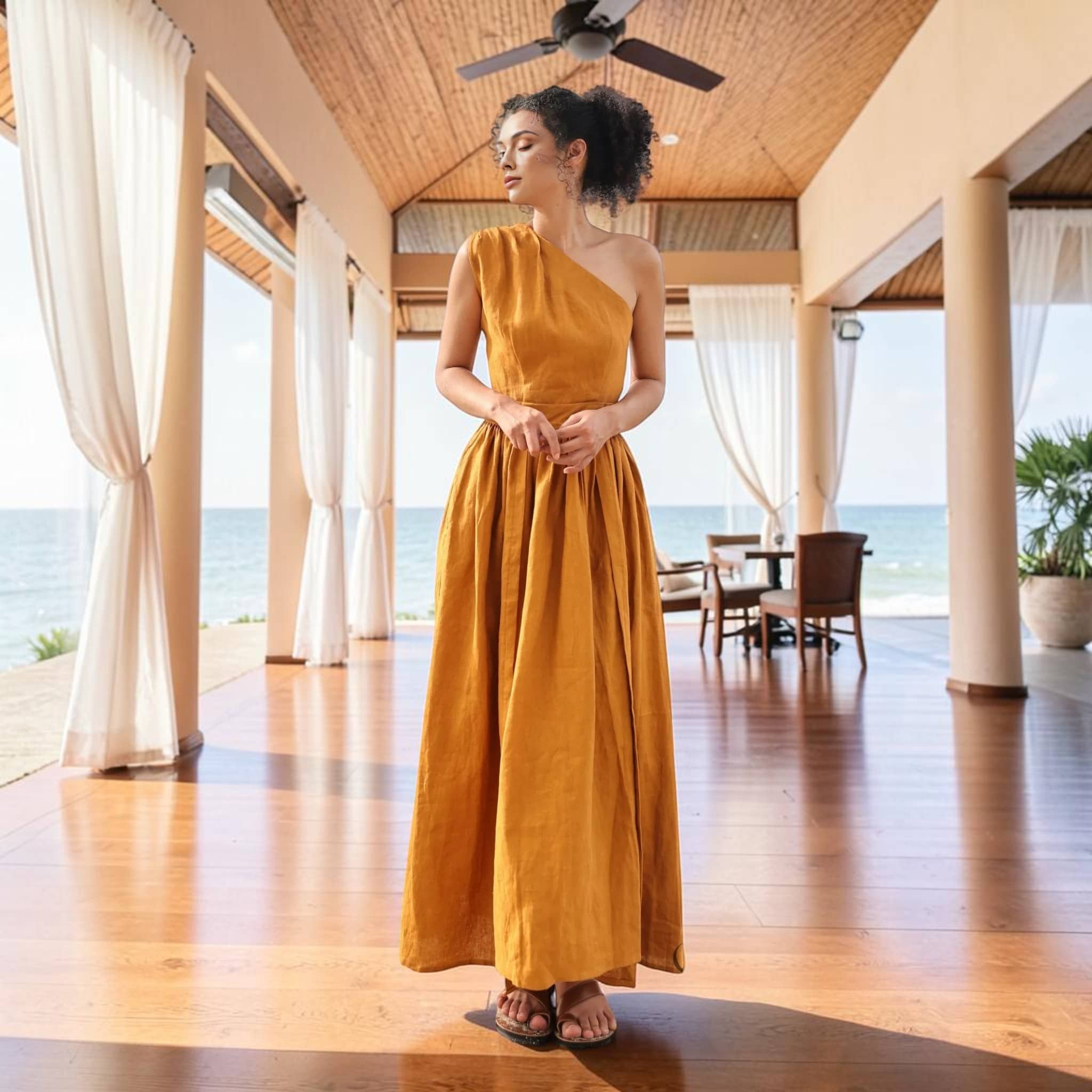 One Shoulder Linen Maxi Dress, Tie Back Side Pockets