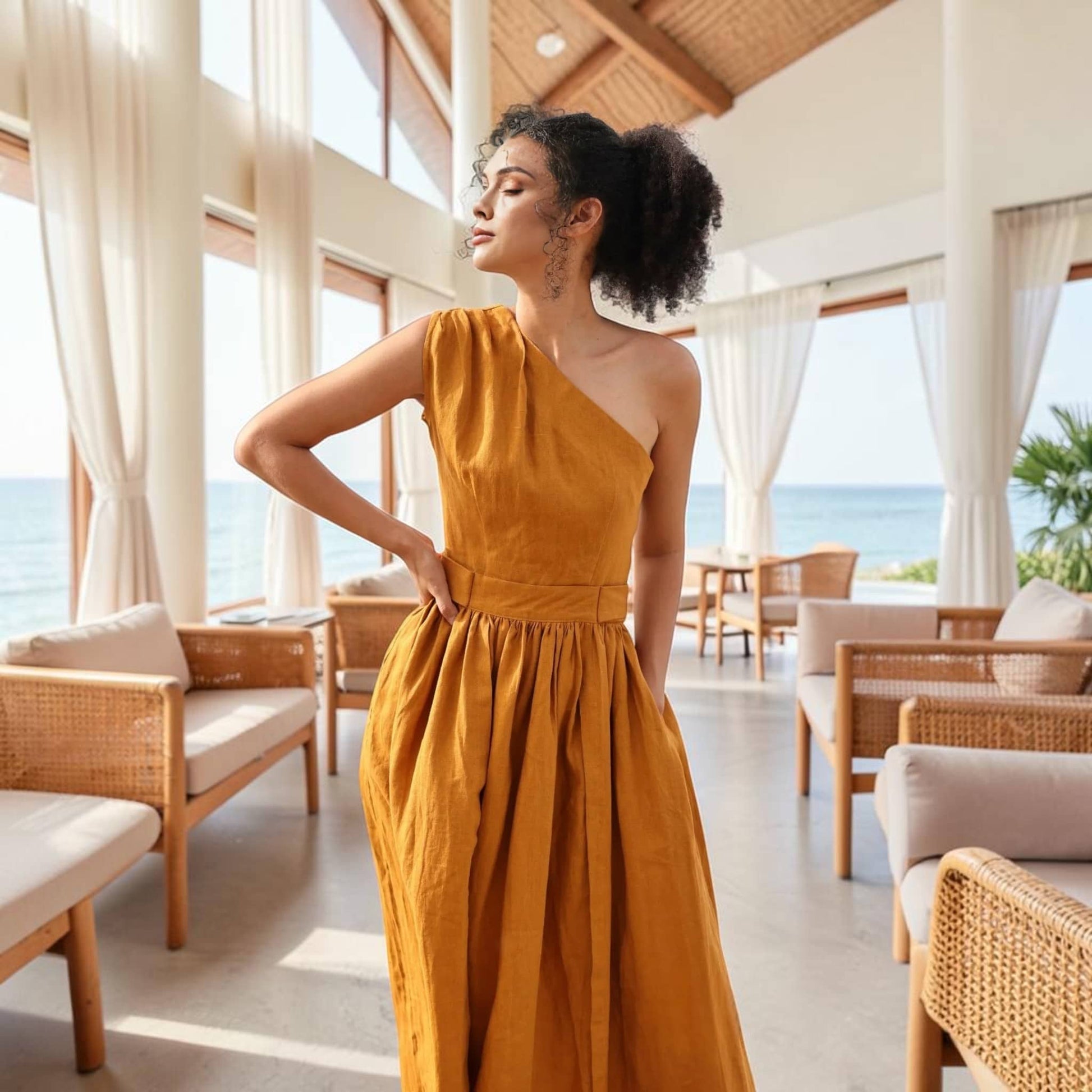 One Shoulder Linen Maxi Dress, Tie Back Side Pockets