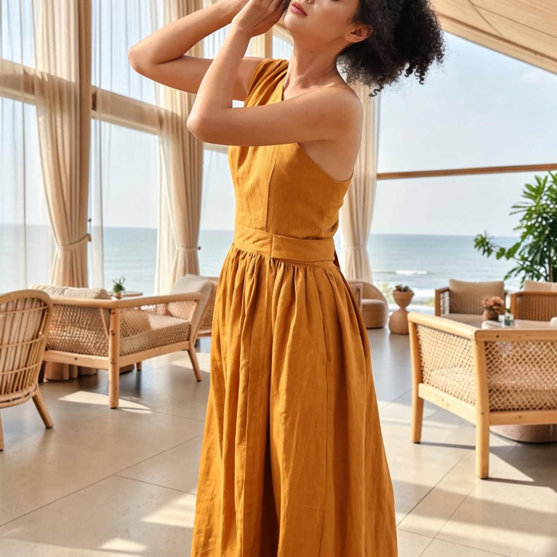 One Shoulder Linen Maxi Dress, Tie Back Side Pockets