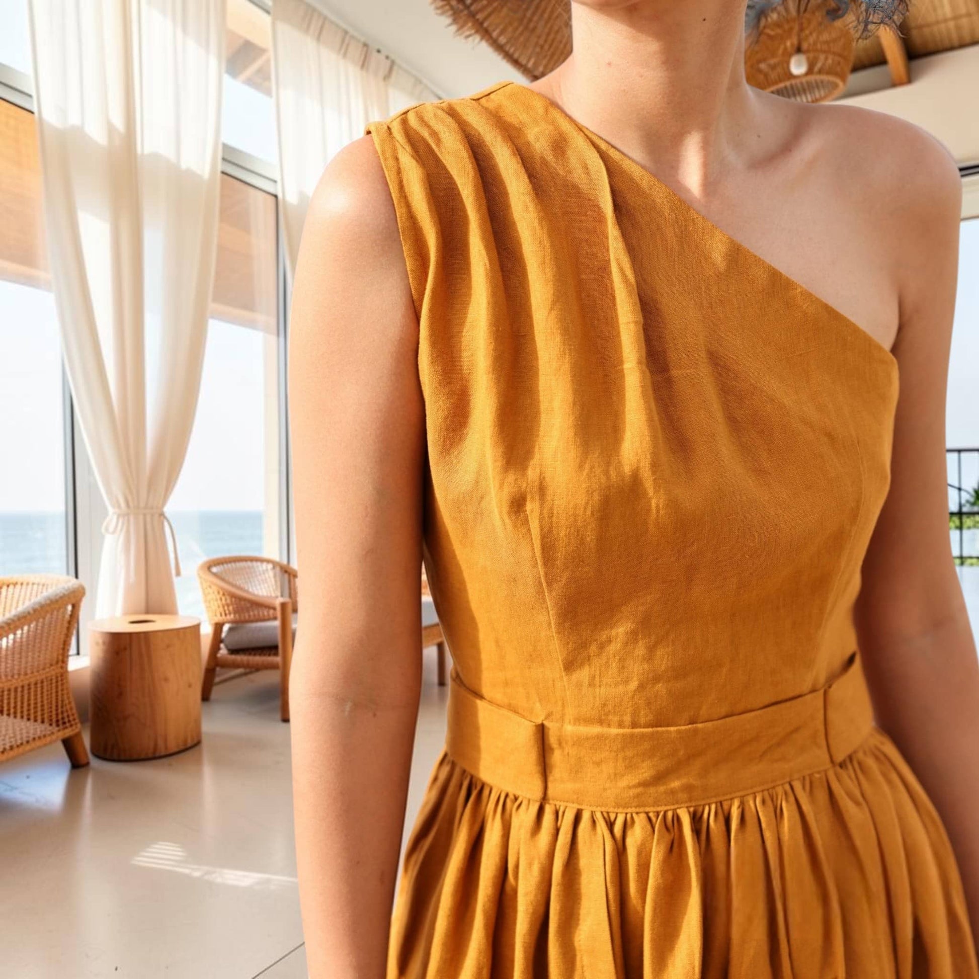 One Shoulder Linen Maxi Dress, Tie Back Side Pockets