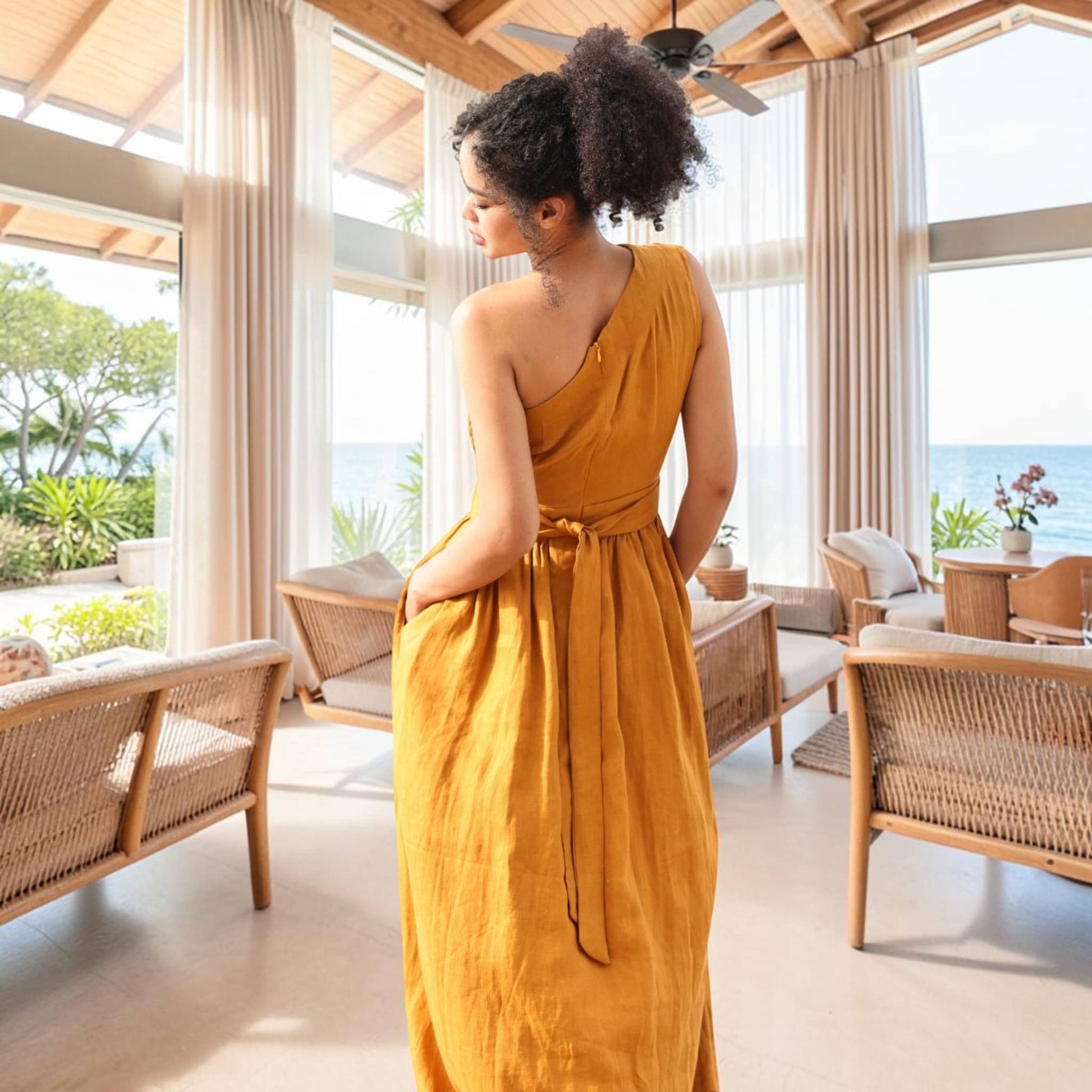 One Shoulder Linen Maxi Dress, Tie Back Side Pockets