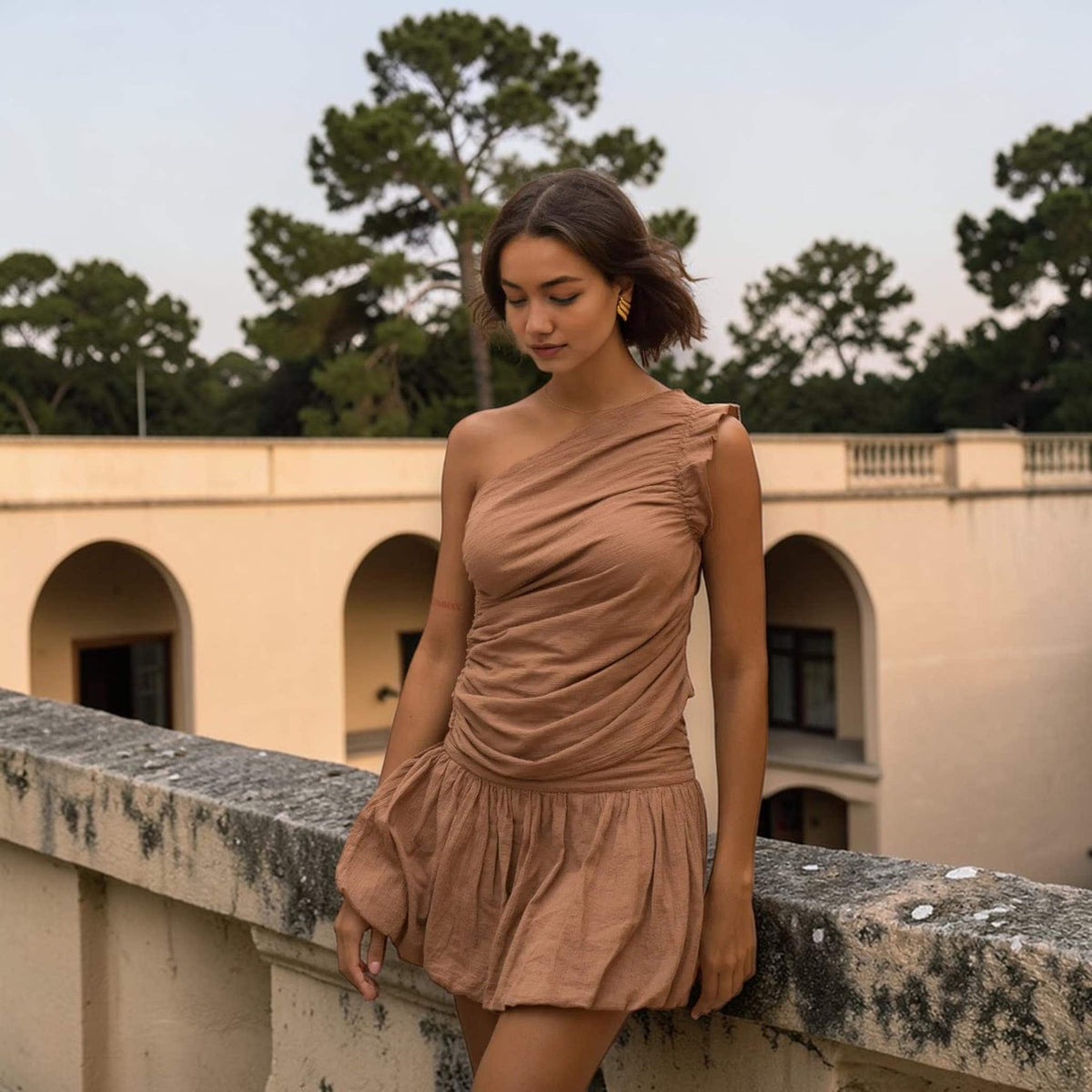 One Shoulder Linen Top, Ruffle Shoulder Ruched Top