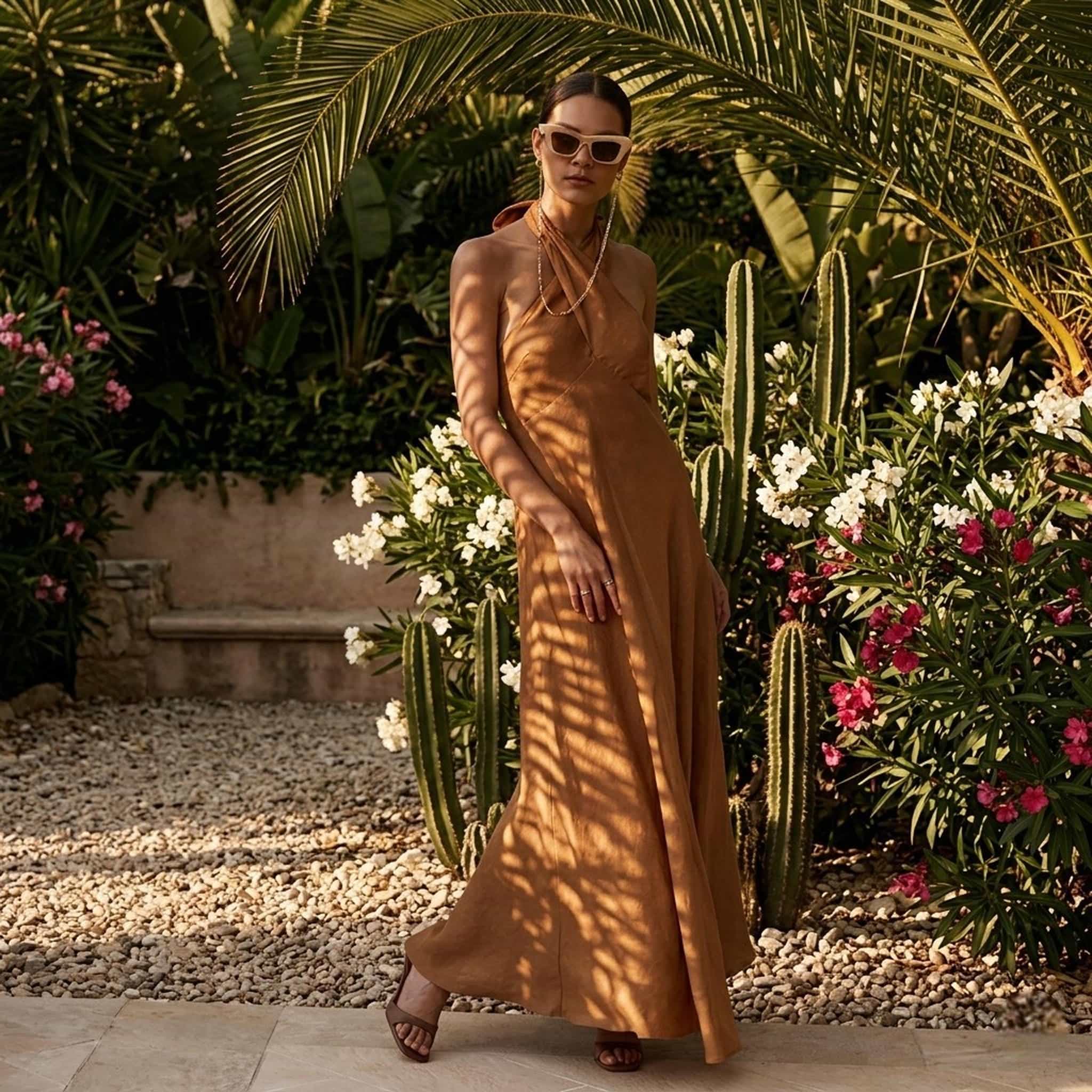 Open Back Linen Dress, Halter Neck Maxi Dress