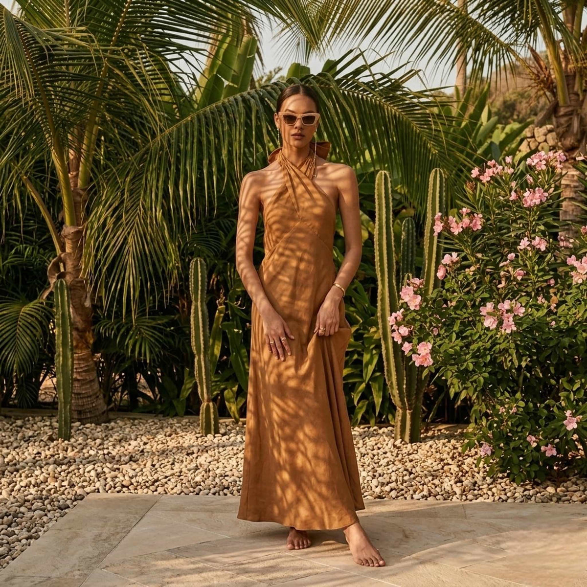 Open Back Linen Dress, Halter Neck Maxi Dress
